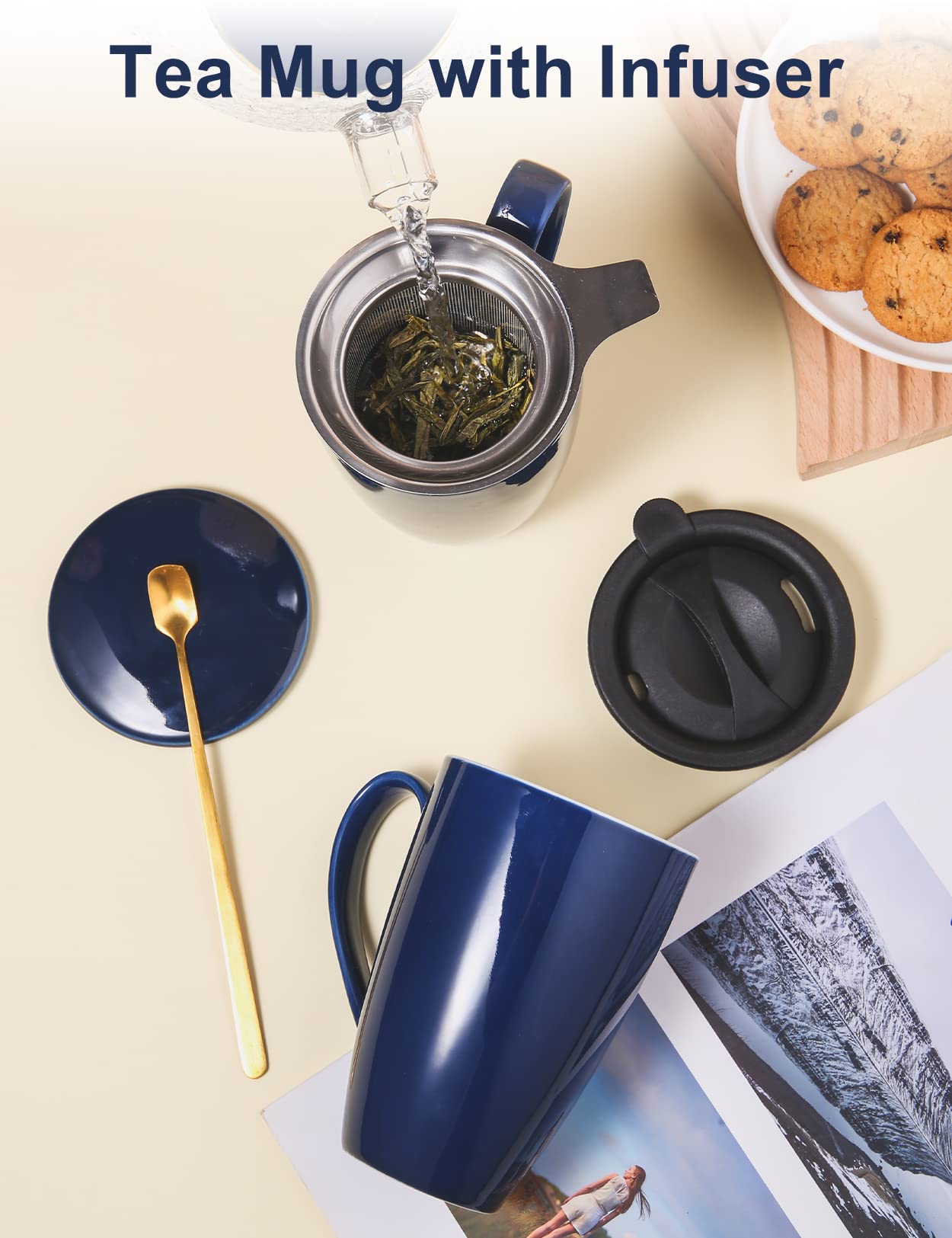 Yumkubis Tea Cup With Infuser And Lid, 17 Oz Large Tea Infuser Mug With 2 Lids, Ceramic Teacups For Women, Men, Kids, Loose Leaf