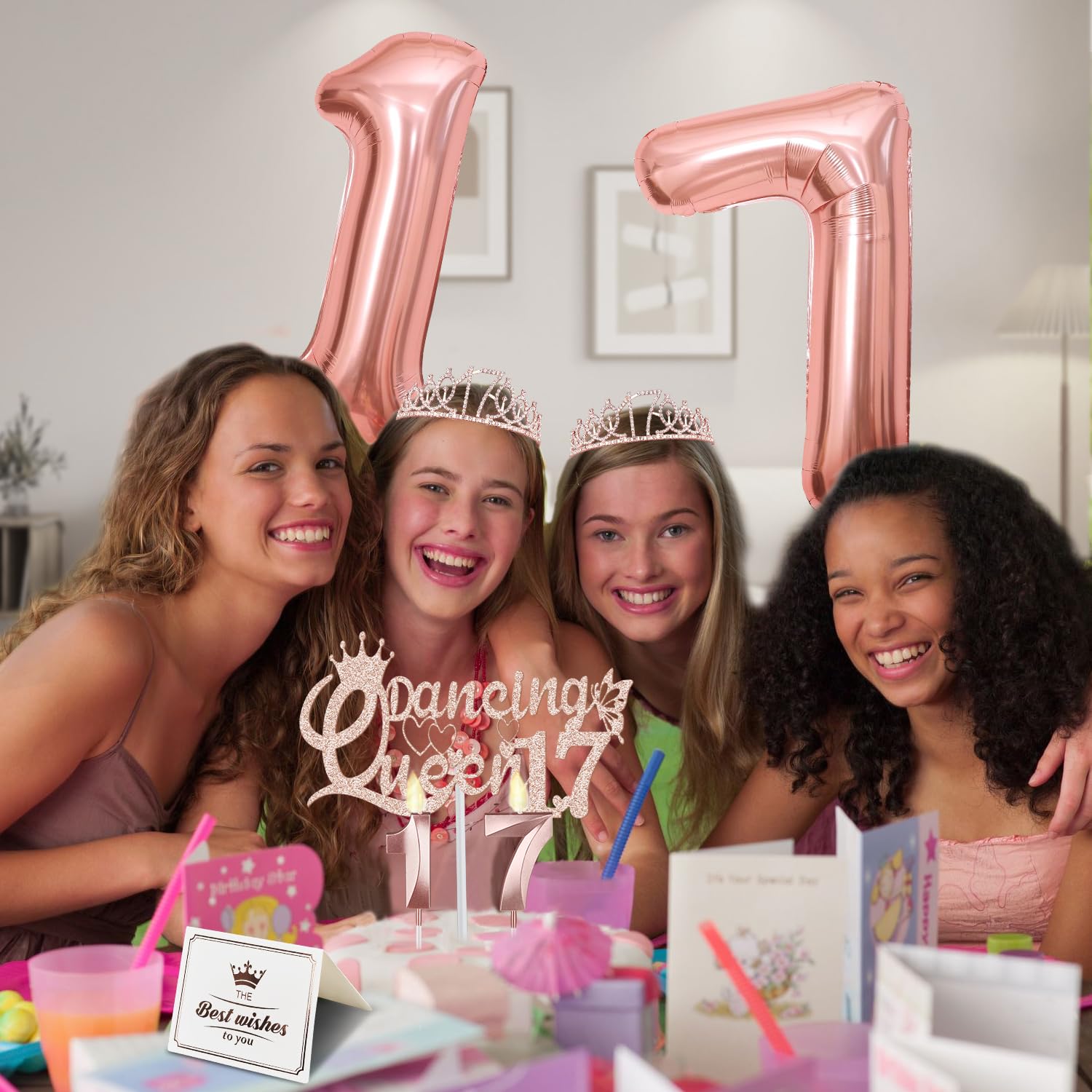 Dancing Queen Party Decorations 17 Rose Gold With 17Th Dancing Queen Sash And Tiara, 17Th Birthday Cake Topper And Candles, 17 N