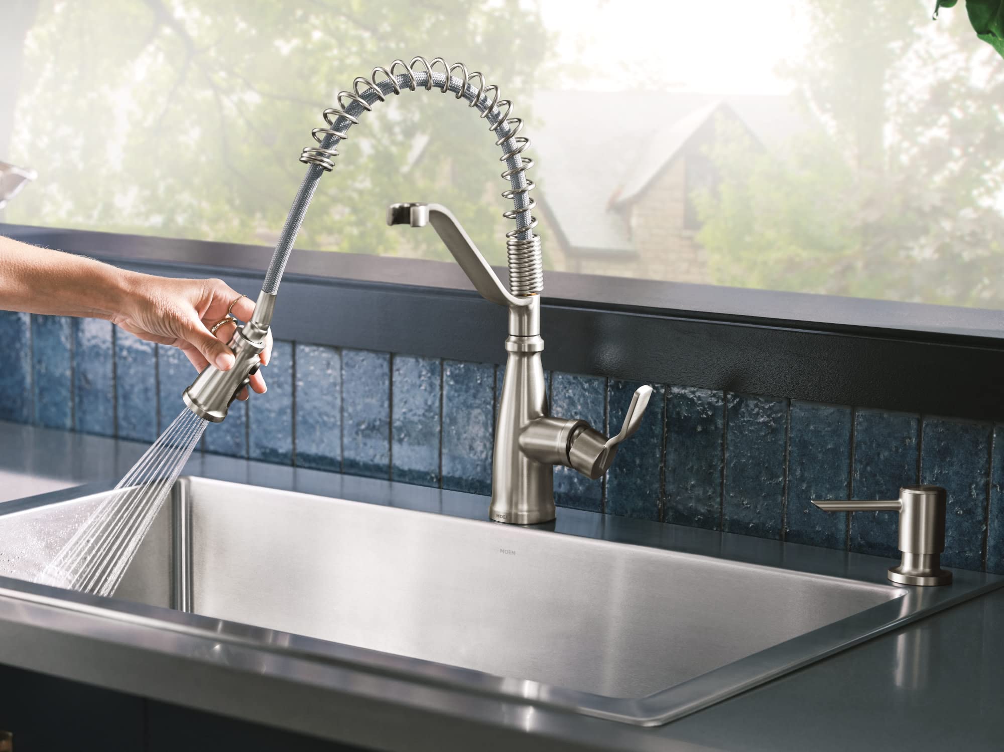 Moen Nolia Spot Resist Stainless One-Handle Pre-Rinse Spring Pulldown Kitchen Faucet, Single Hole Kitchen Sink Faucet With Soap