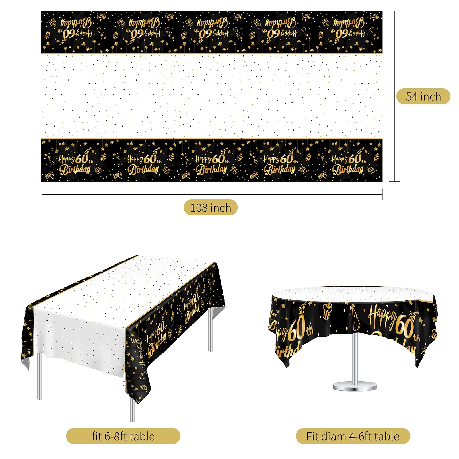 Ruisita 2 Pack Black Gold Table Cloth Cover Happy 60Th Birthday Tablecloth Party Tablecloths Rectangular Table Cloth Cover For I