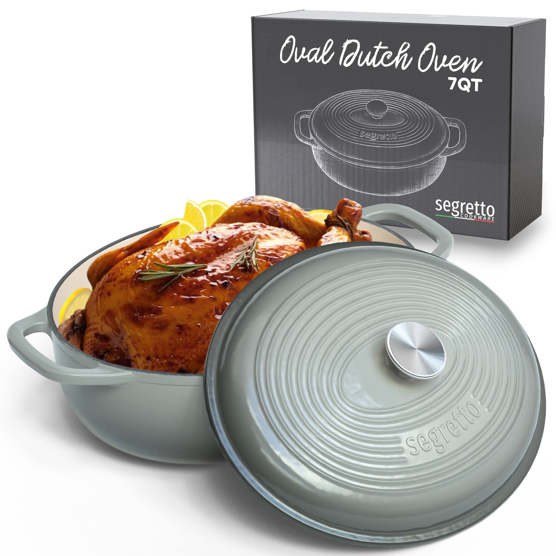 Segretto Cookware Enameled Cast Iron Oval Dutch Oven, 7 Quarts, Gray