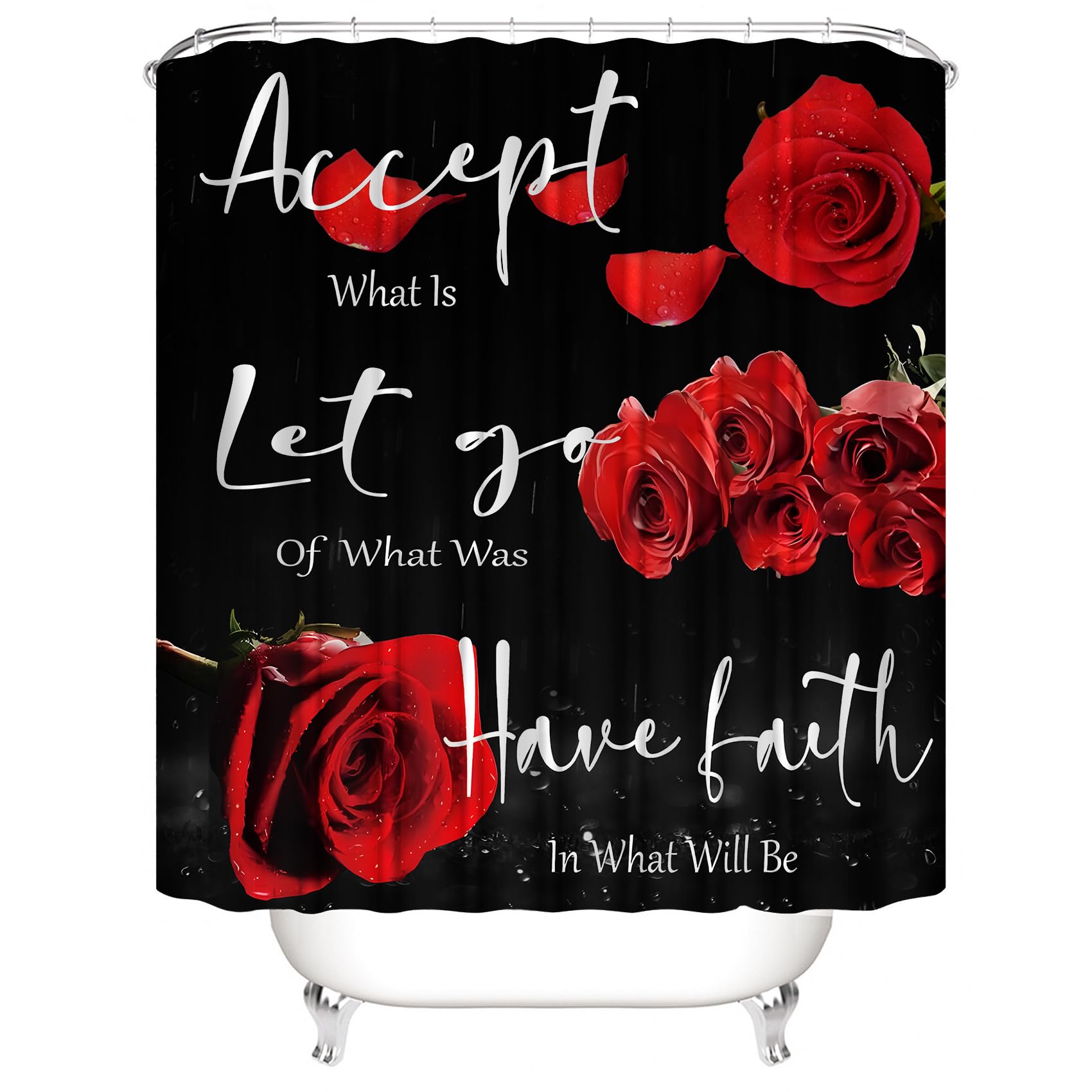 Yddsky 4 Pcs Red Rose Shower Curtain Sets Non-Slip Rugs Bath Mat Toilet Cover U Shaped Mat Thankful Grateful Blessed Black Red S