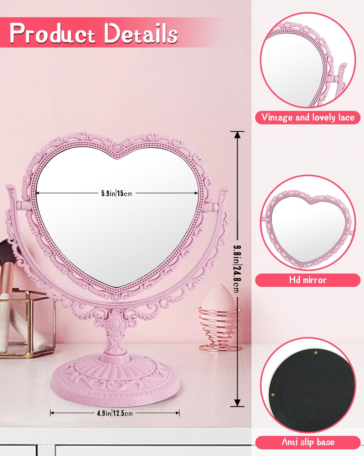 D&X 7-Inch Lovely Heart Mirror 360 Degree Rotation Double Sided Magnifying Makeup Mirror I Bathroom Bedroom Vanity Mirror I Danish Pastel Aesthetic Room Dcor(Pink  Heart-Shaped)