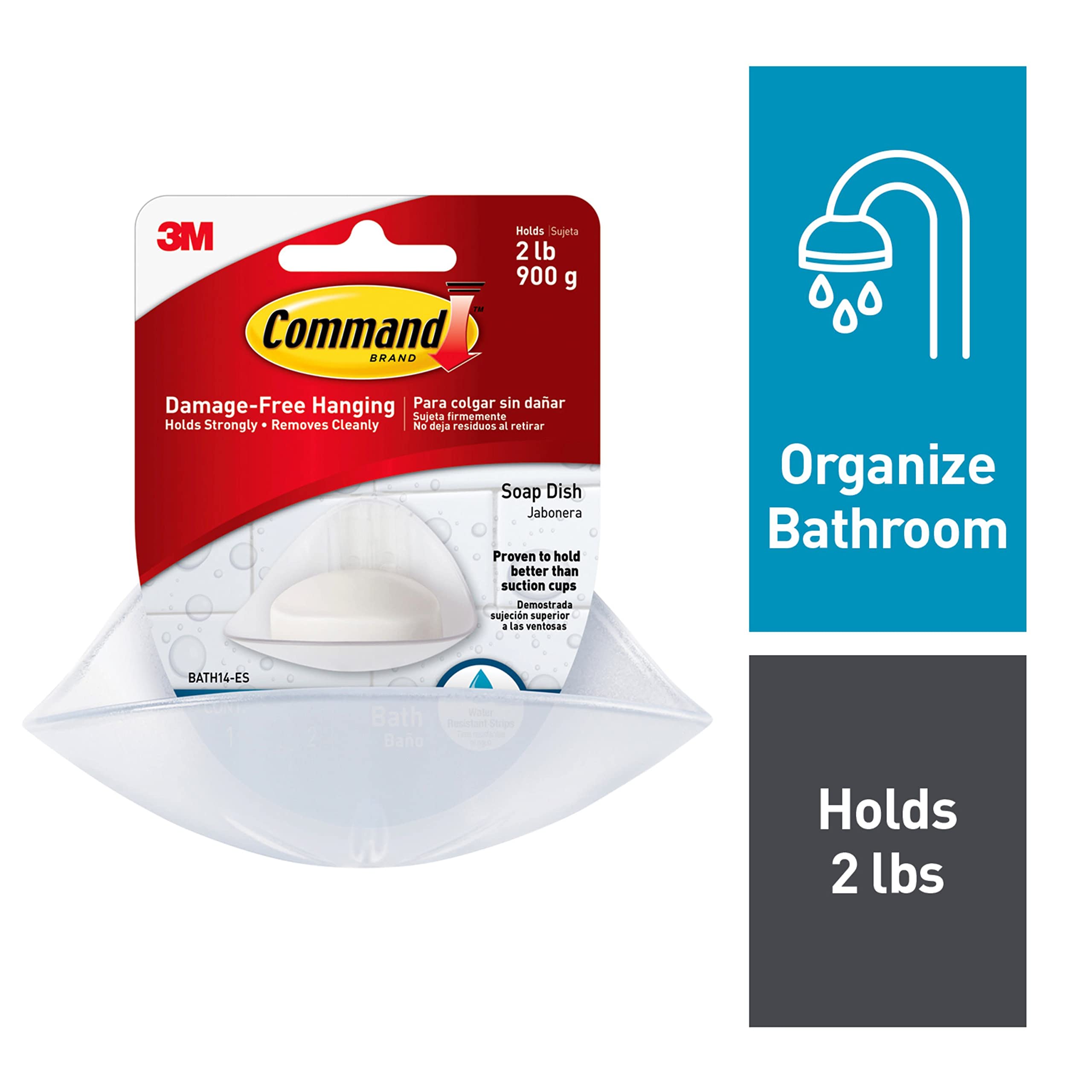 Command Bath Soap Dish With Water-Resistant Adhesive, 2 Lb Capacity, 1 Dish, 2 Strips, Bath14-Es