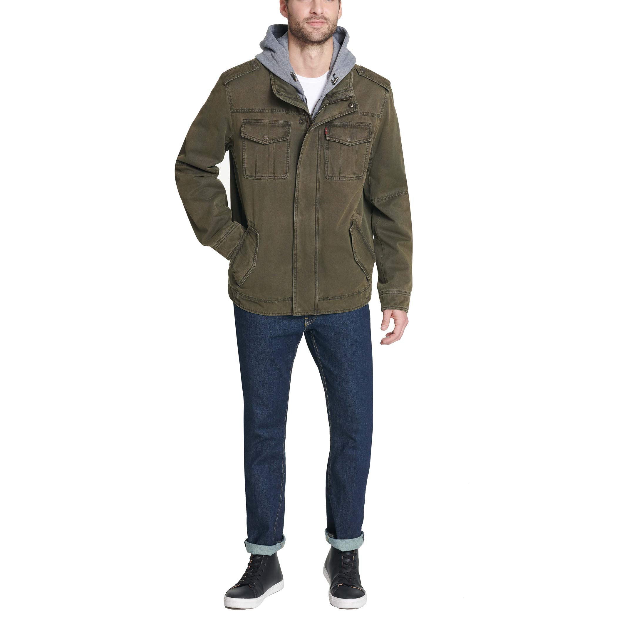 Levis Mens Four-Pocket Hooded Jacket, Olivepolytwill Lined, Medium Us