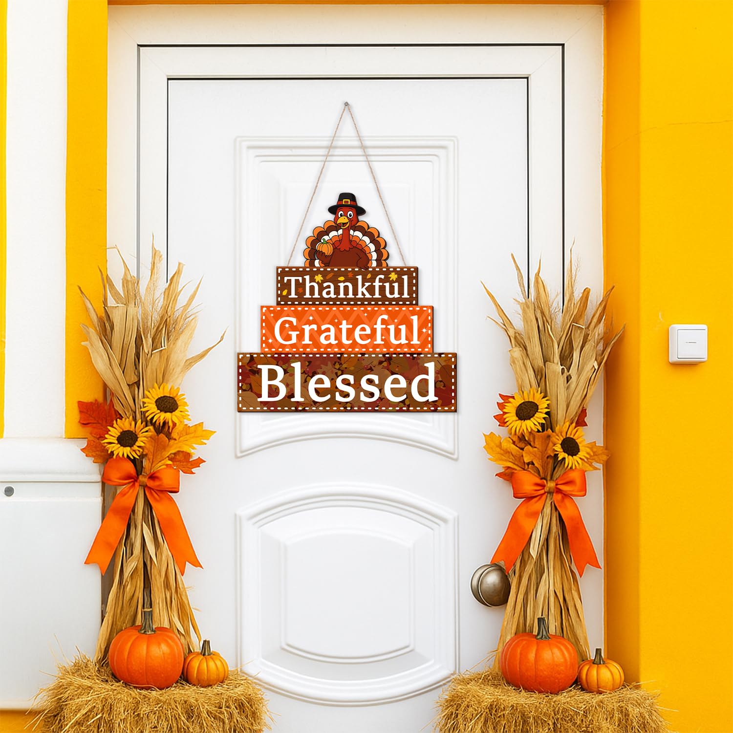 Thanksgiving Decorations Wooden Turkey Door Sign Thankful Grateful Blessed Sign Decor Hanging Wall Signs for Thanksgiving Harves