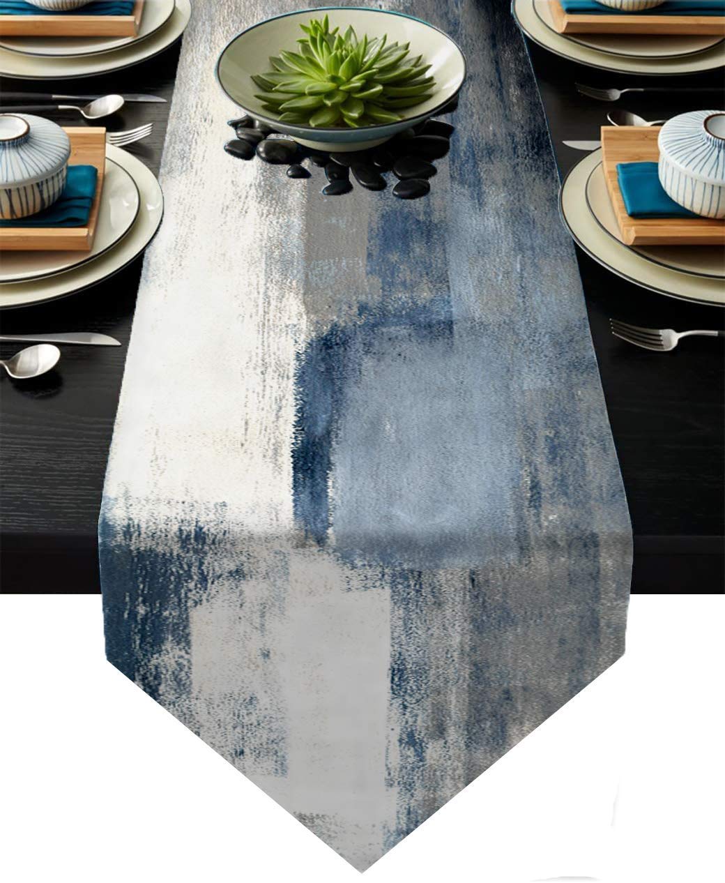 Blue And Grey Table Runner,Blue Abstract Modern Art Burlap Table Runners For Table Dresser Runner Farmhouse Style For Dinner Par