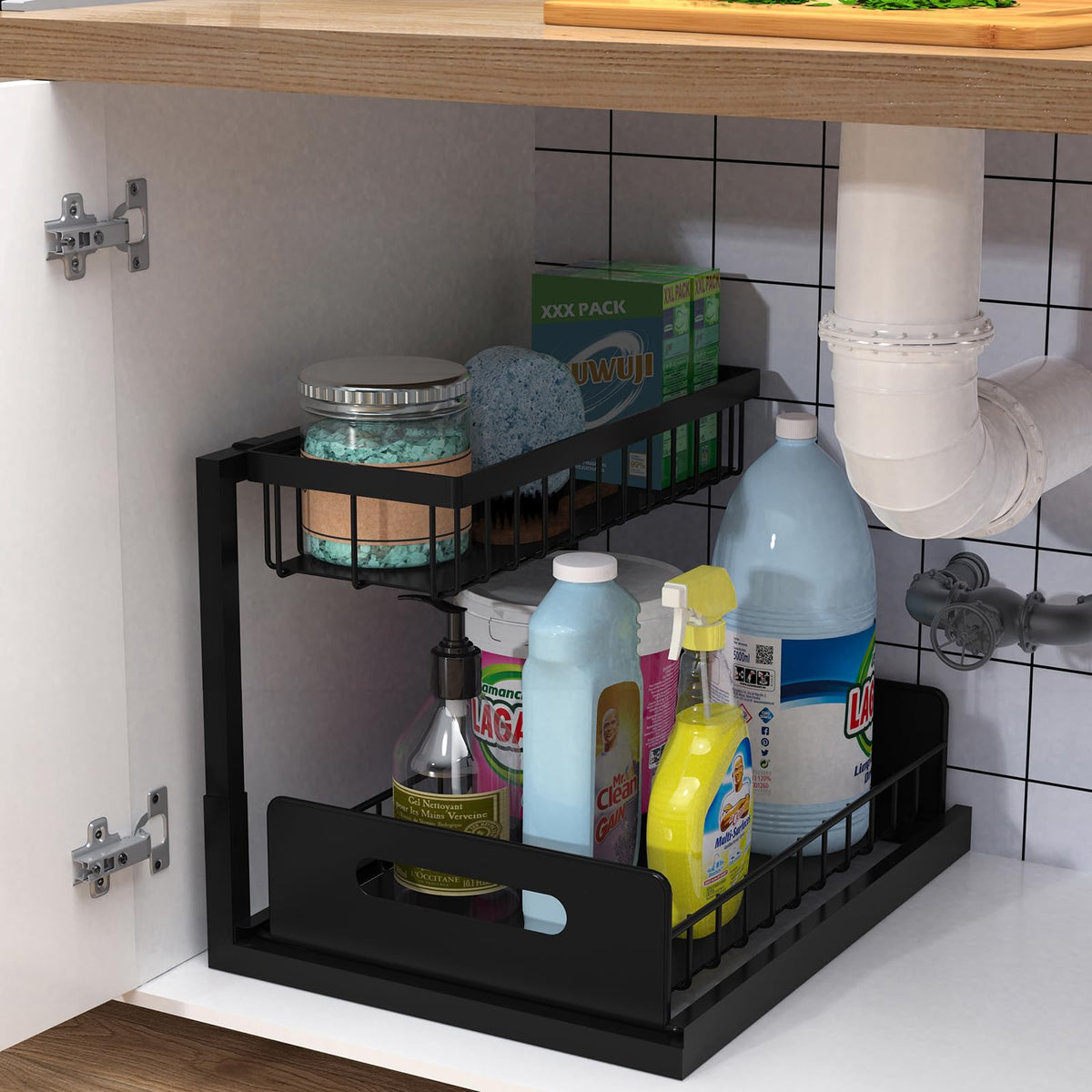 Bukfen Under Sink Organizer, Pull Out Cabinet Organizer 2-Tier Slide Out Sliding Shelf Under Cabinet Storage Multi-Use For Under