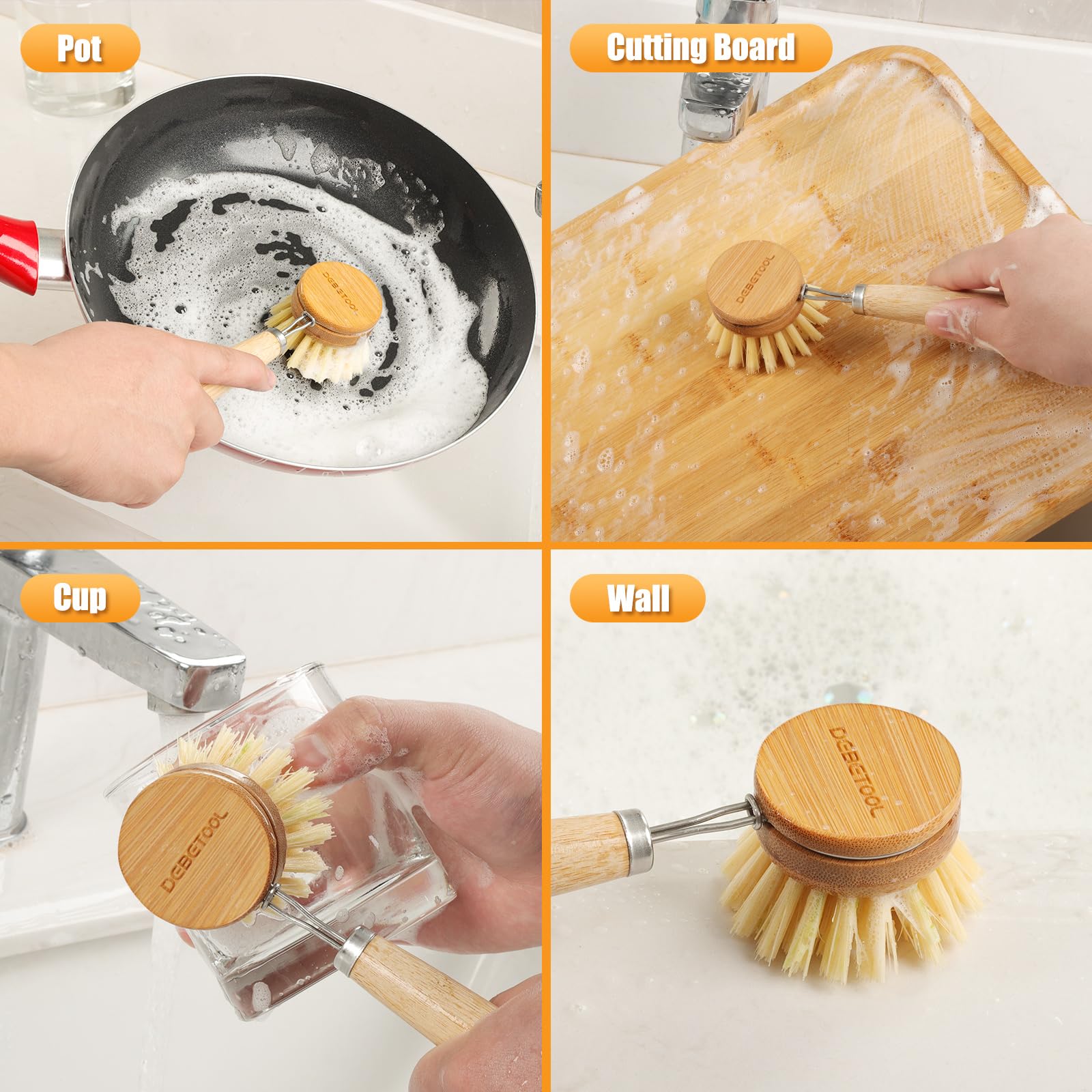 Debetool Bamboo Pot Dish Brush,3 Pack Natural Wooden Scrub Brush With Sisal Fiber,Suitable For Dishes,Pans,Pot And Other Utensil
