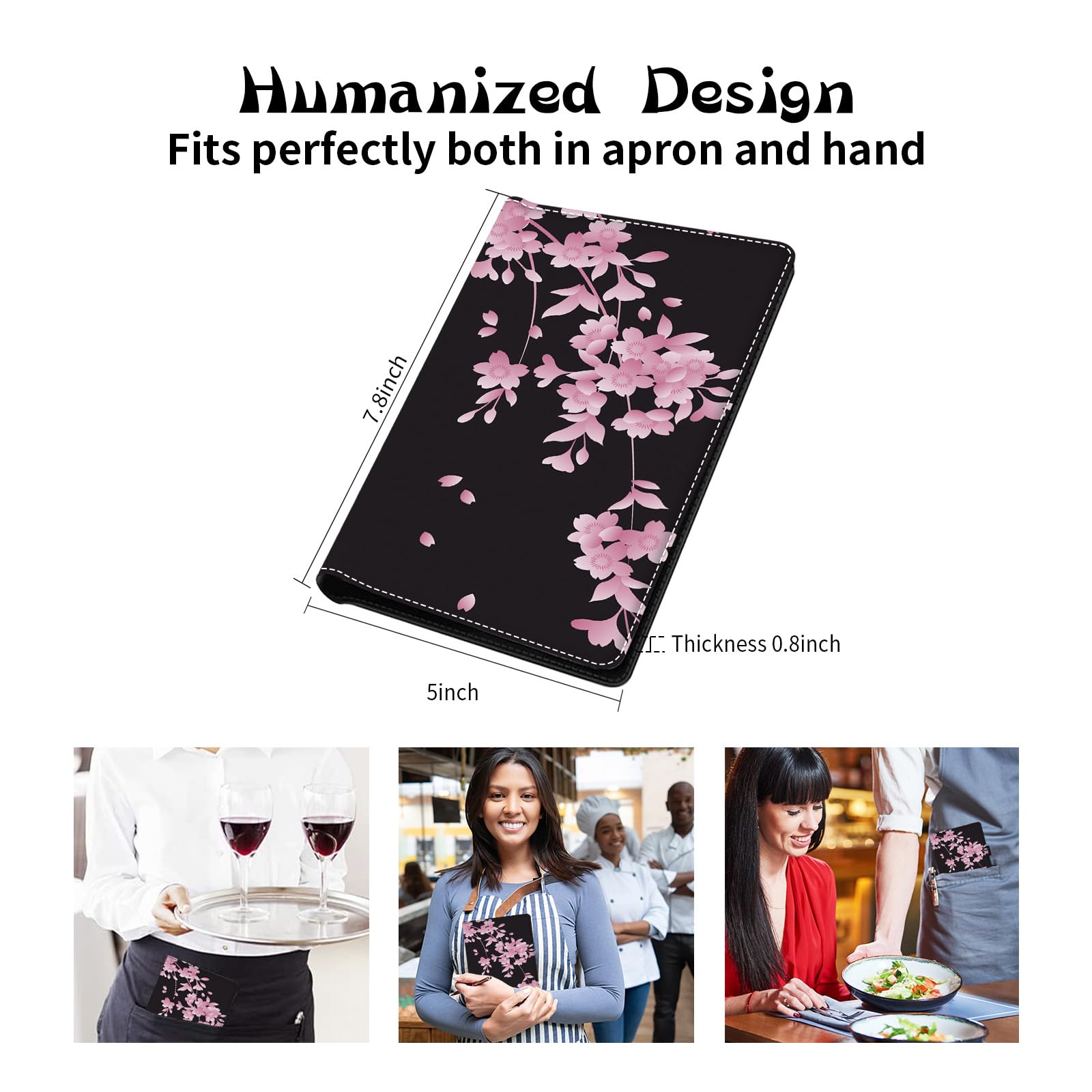 RAUEDWDJS Server Book for Waitress - PU Leather, Cherry Blossom, Model RAU-CDB-E89, Cute Zipper Pocket, Guest Check Holder