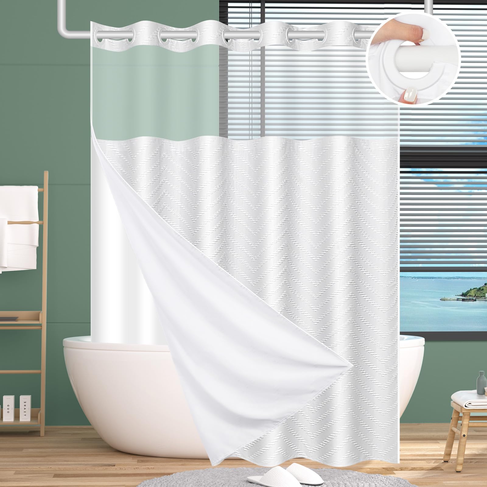 Fadoty No Hook Shower Curtain And Snap In Liner Set White Tufted Chevron Striped Cloth Waterproof Washable Fabric Boho Bath Curt