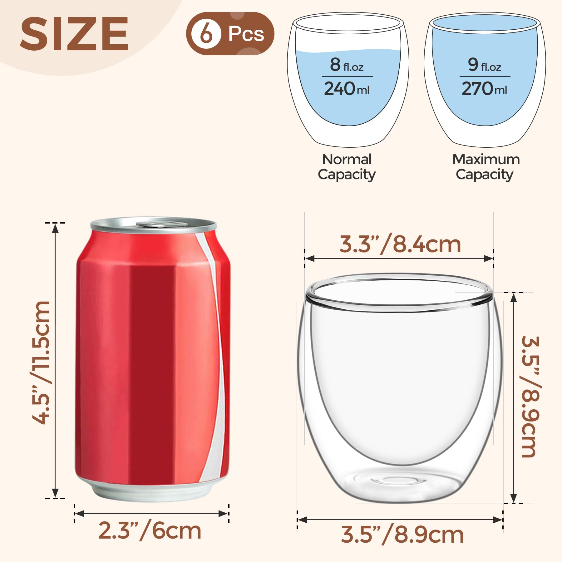 Comsaf 8Oz Glass Coffee Mugs Set Of 6, Double Walled Insulated Thermal Mugs For Latte Cappuccino Cocoa Milk Cafe Juice Tea, Clea