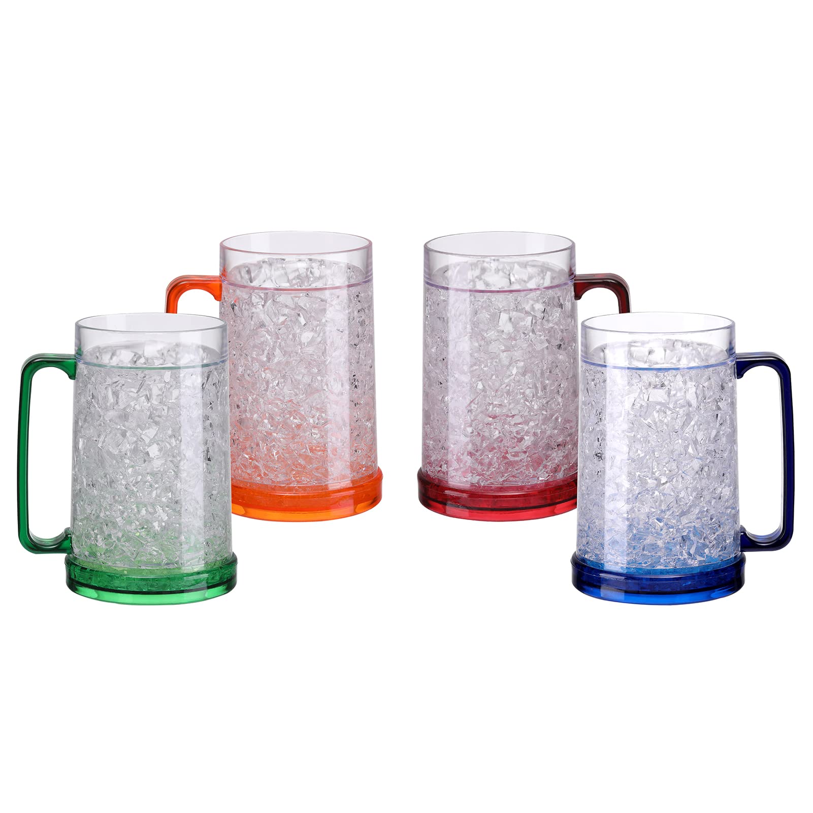 Easicozi Double Wall Gel Frosty Freezer Ice Mugs Clear 16Oz Set Of 4 (Blue, Red, Orange And Green)