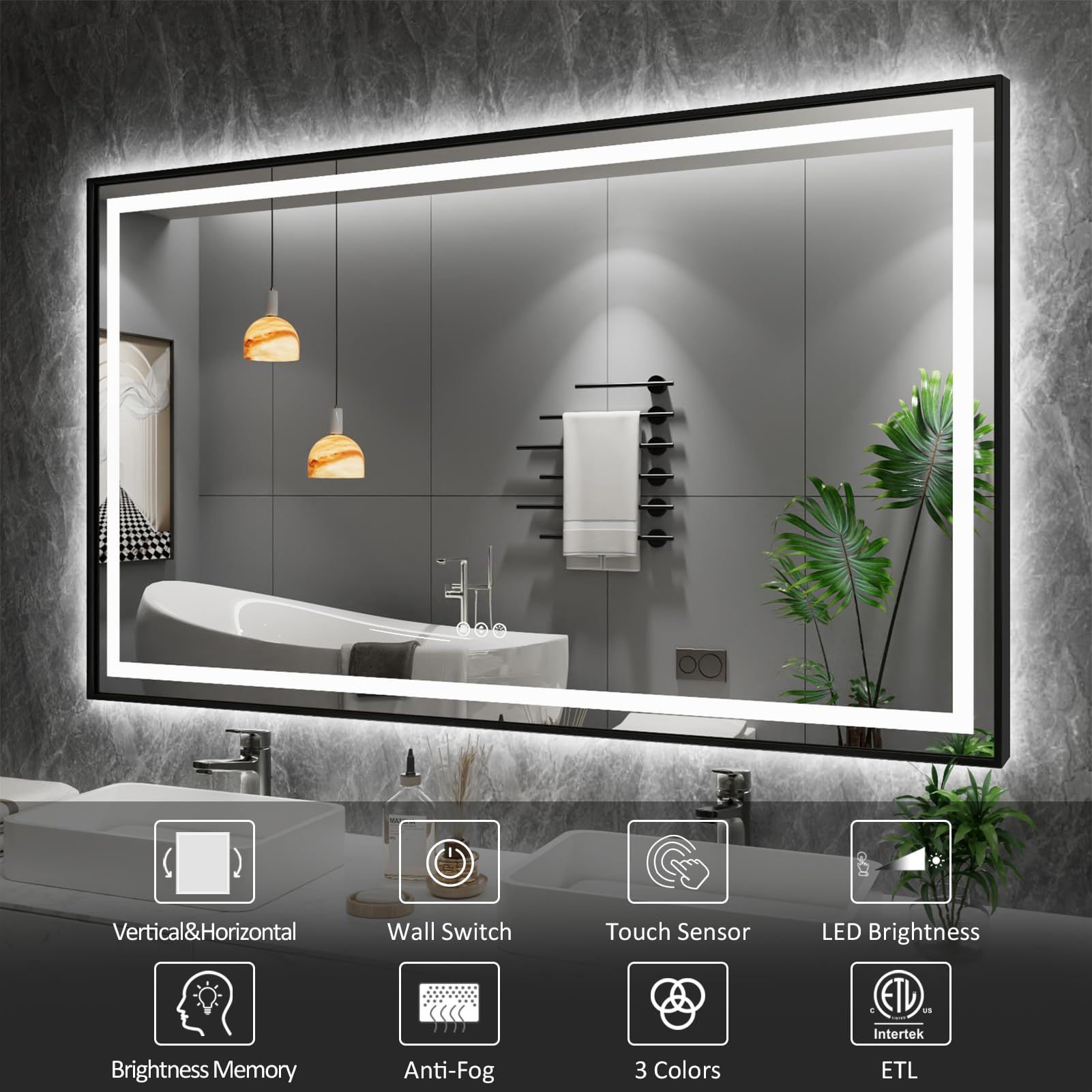 Amorho 72''X 40'' Led Bathroom Mirror With Black Frame, Front Light And Backlit, Stepless Dimmable, Anti-Fog, Shatter-Proof, Mem