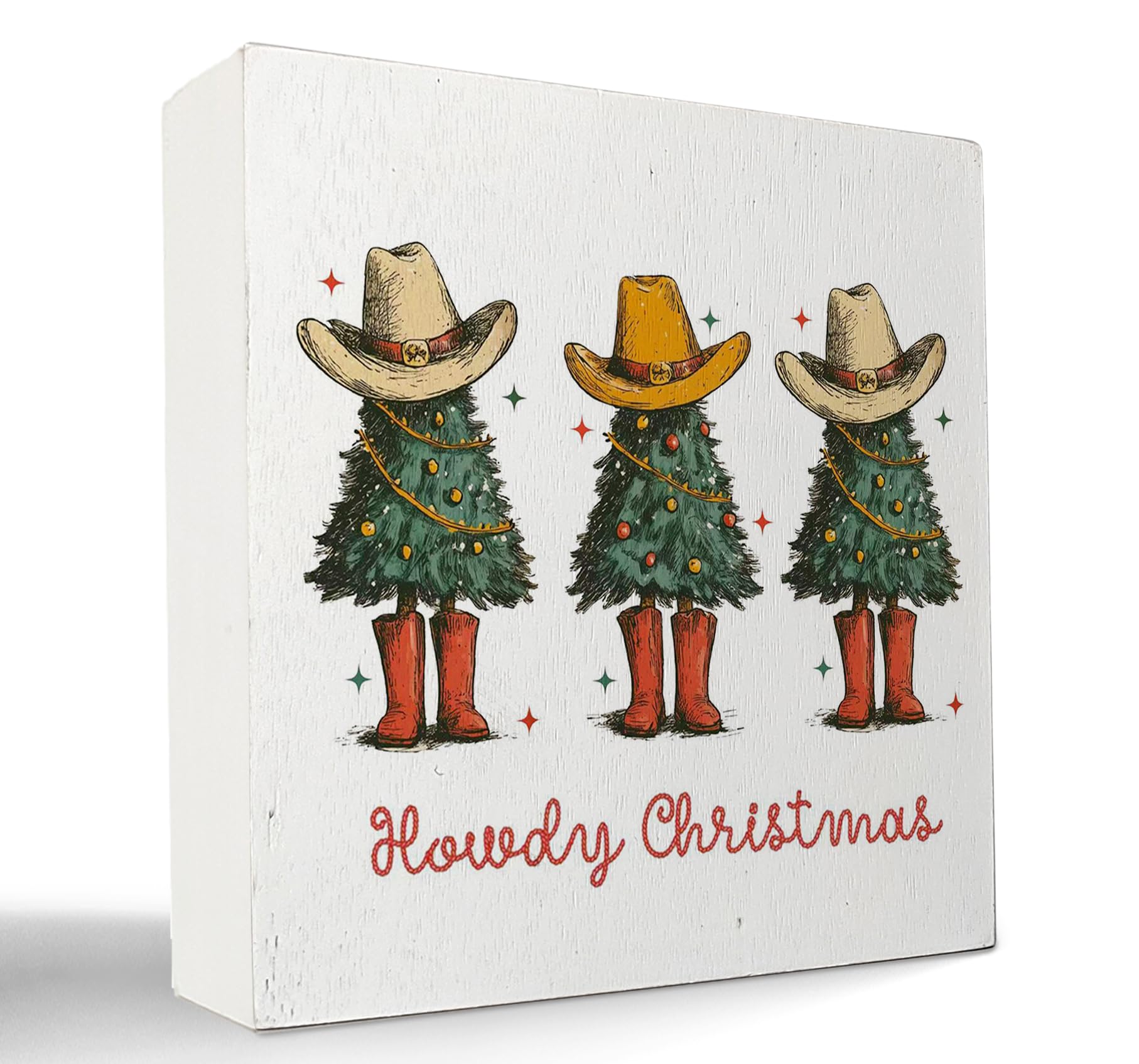 kunlisa Howdy Western Christmas Tree Wooden Sign, Christmas Cowboy Decor, Xmas Tree Southwestern Boots Holiday Wood Box Sign for