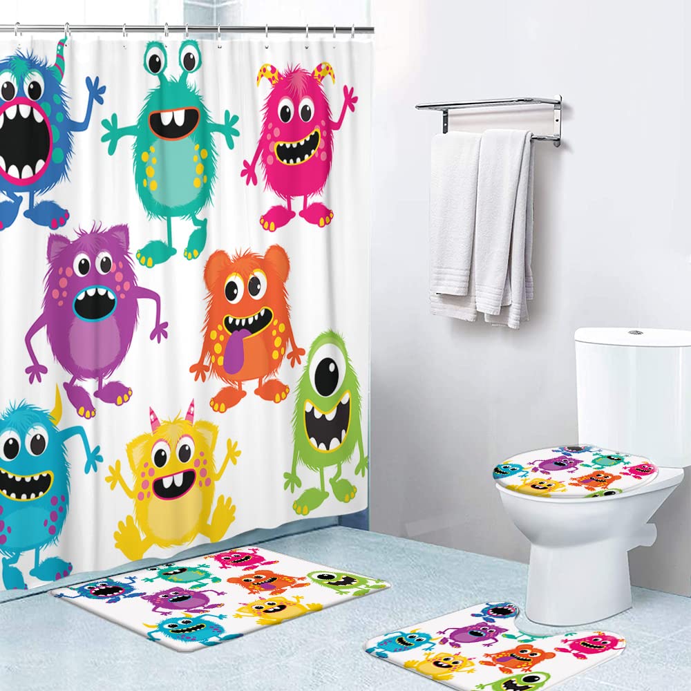 Lokmu 4 Pcs Shower Curtain Sets With Non-Slip Rugs, Toilet Lid Cover And Bath Mat,Cartoon Fluffy Monsters Cute Little Kid Waterp