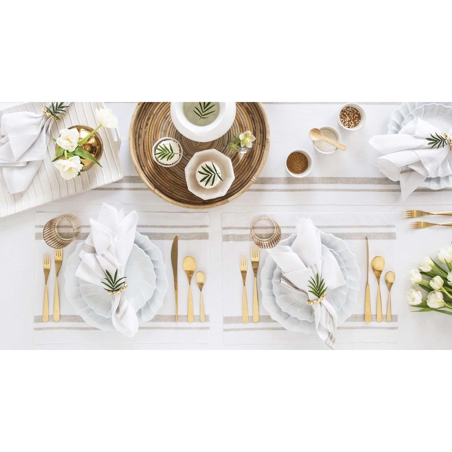 Solino Home Stripe Linen Placemats 19'' L X 14'' W - 100% Pure Linen Natural And White Cloth Placemats Set Of 6 - French Stripe,