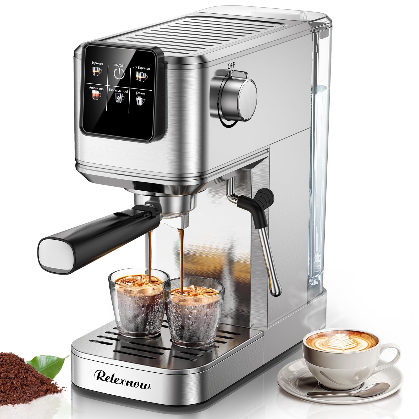 Relexnow Espresso Machine, 20 Bar Espresso Maker Milk Frother & Lcd Panel, Hot & Iced Coffee Machine, Stainless Steel Espresso C