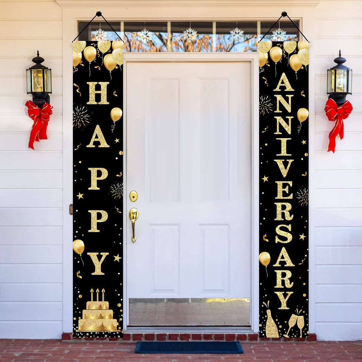 Wedding Anniversary Decorations Door Banner, Black Gold Happy Anniversary Banner Sign Party Supplies, Anniversary Party Welcome