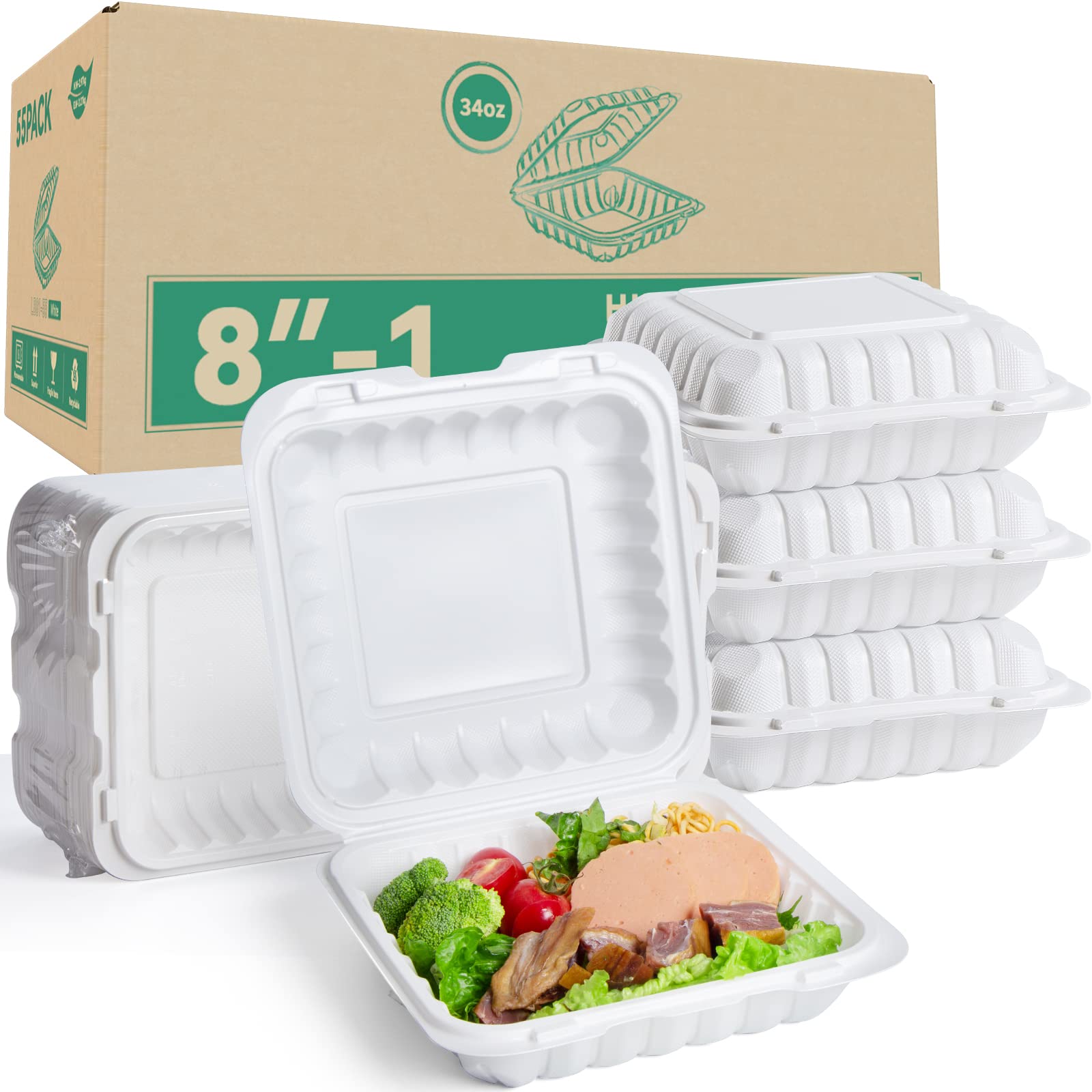 LEOBOX Takeout Container Mineral Filled PP Plastic - 8 Inch 34oz 55 Pack | Shrink Wrap BPA Free To Go Boxes | Reusable Dishwashe