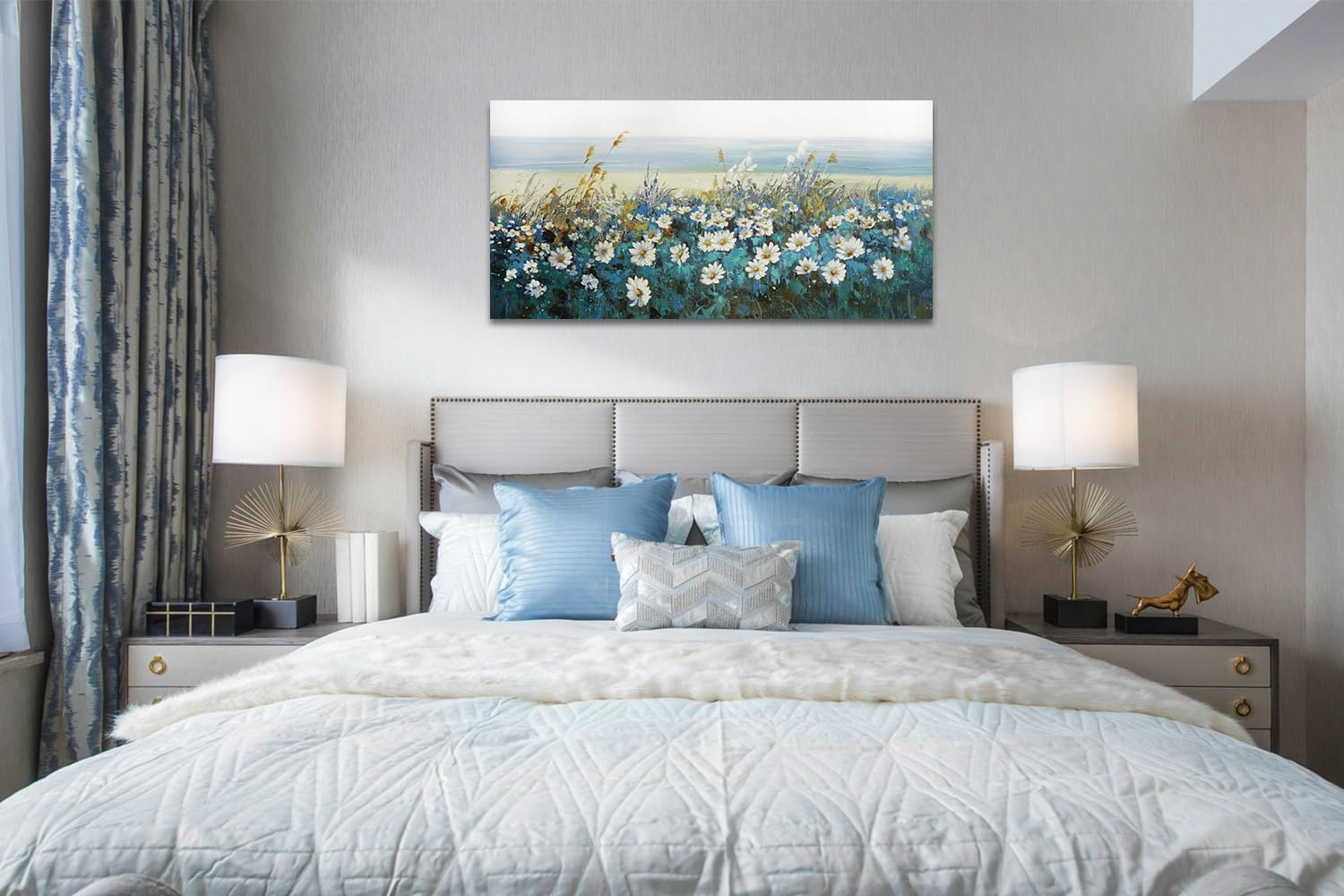 Arjun Flowers Wall Art Canvas White Daisy Floral Painting Blue Coastal Landscape Picture, Modern Large Size Framed Artwork For L