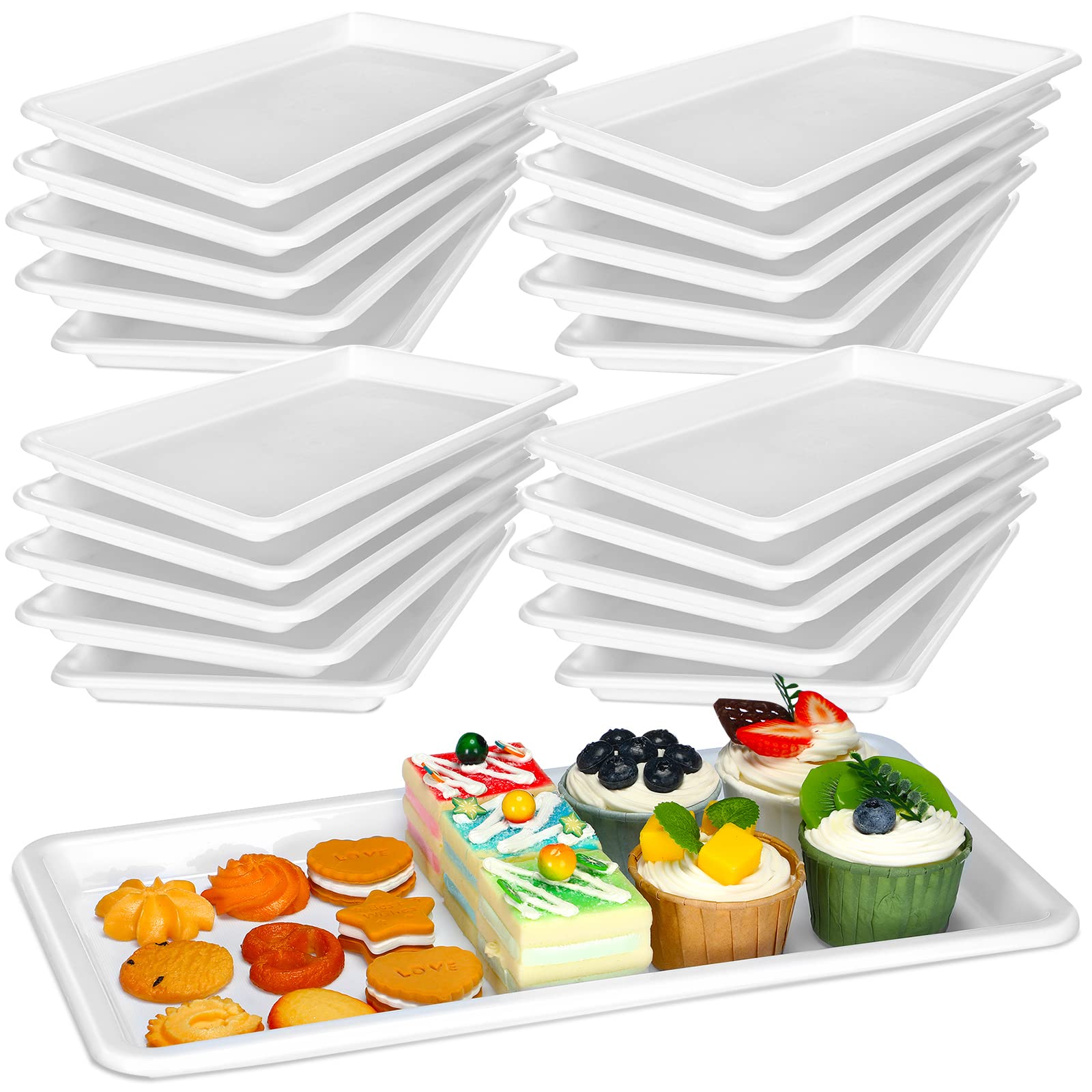 Macarrie 20-Piece White Rectangular Plastic Serving Trays, Disposable, Modern Style, 15 X 8 Inch, For Party Buffet, Wedding, Cat