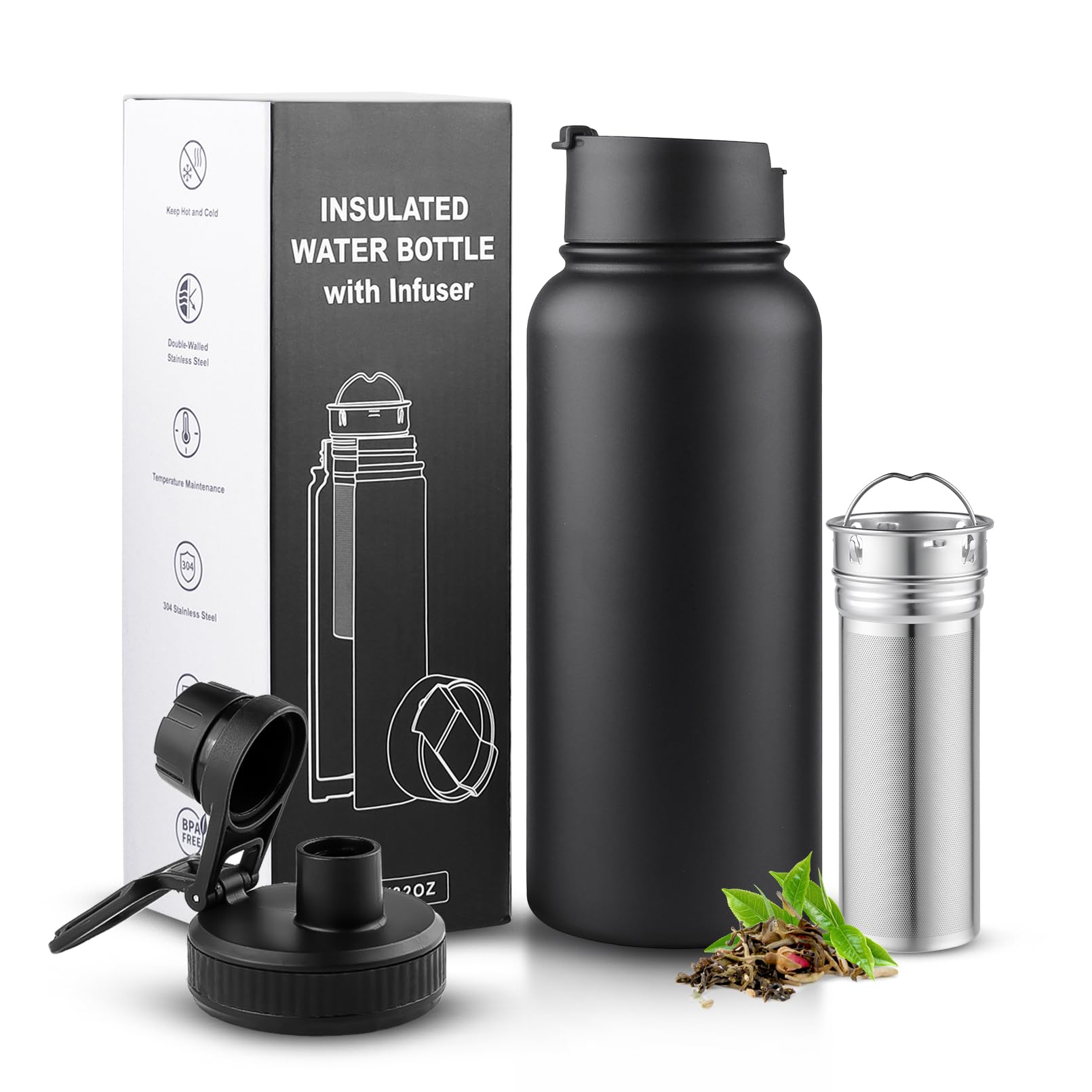 Sivaphe 32 oz Tea Infuser Bottle With Removable Filter,18/8 Stainless Steel Insulated Water Bottle for Loose Leaf Tea,1L Straine