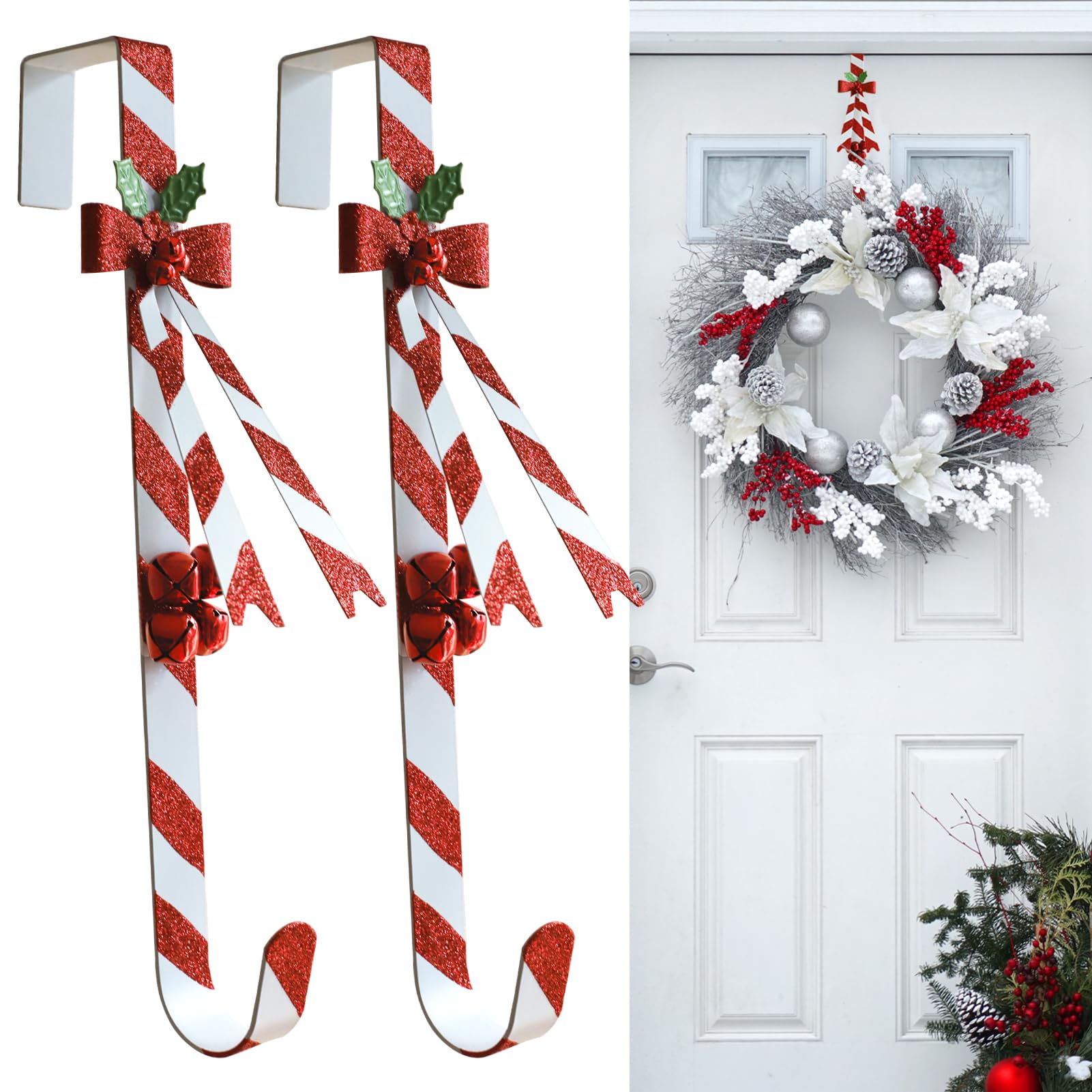 WKHOMEDECO 2 Pack Candy Cane Wreath Hangers for Front Door,Christmas Decoration Metal Over The Door Wreath Hanger Ornament,Door 