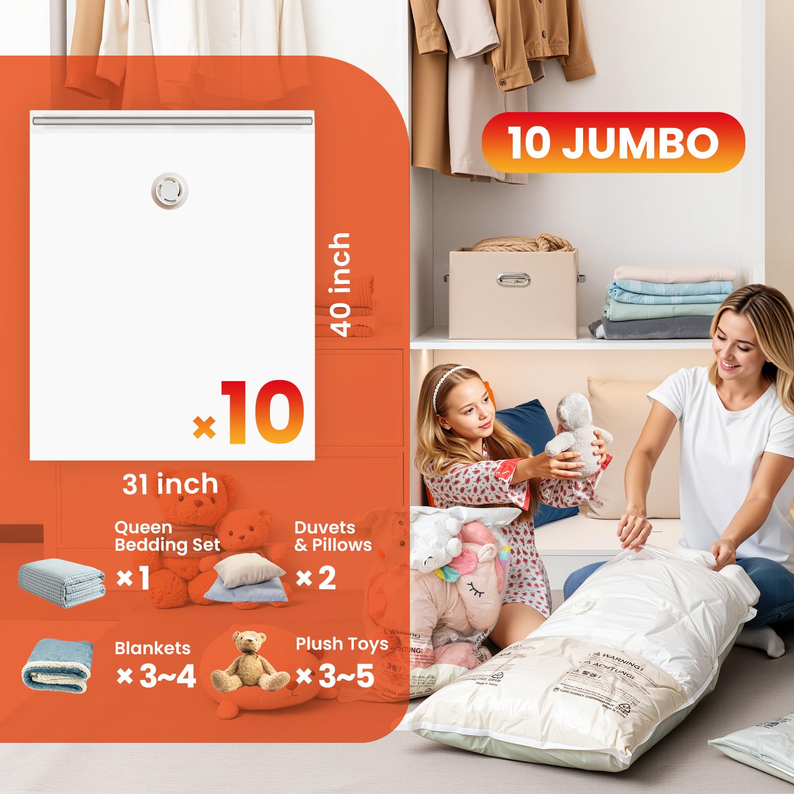 TAILI 10 Pack Vacuum Storage Bags for Comforter and Blankets  Jumbo Vacuum Seal Bags for Bedding 40x31 Inch  Space Saver Bags for Clothes  Pillows  Saving More Closet Space