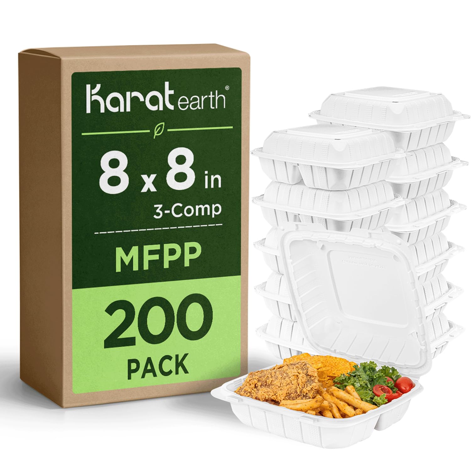 KARAT EARTH Clamshell Take Out Food Containers [8x8  200 ct] To Go Containers | 3 Compartment, SoakResistant, Durable, Stack
