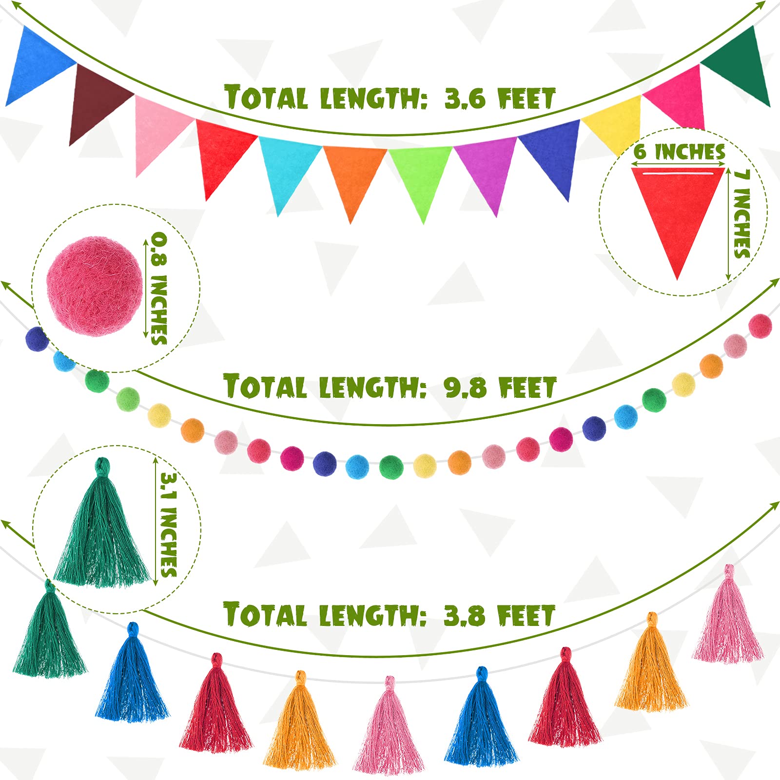 9.8 Feet Christmas Pom Pom Garland Felt Fabric Garland Set Colorful Tassel Garland 3.6 Feet Felt Pennant Banner For Xmas Tree Cl