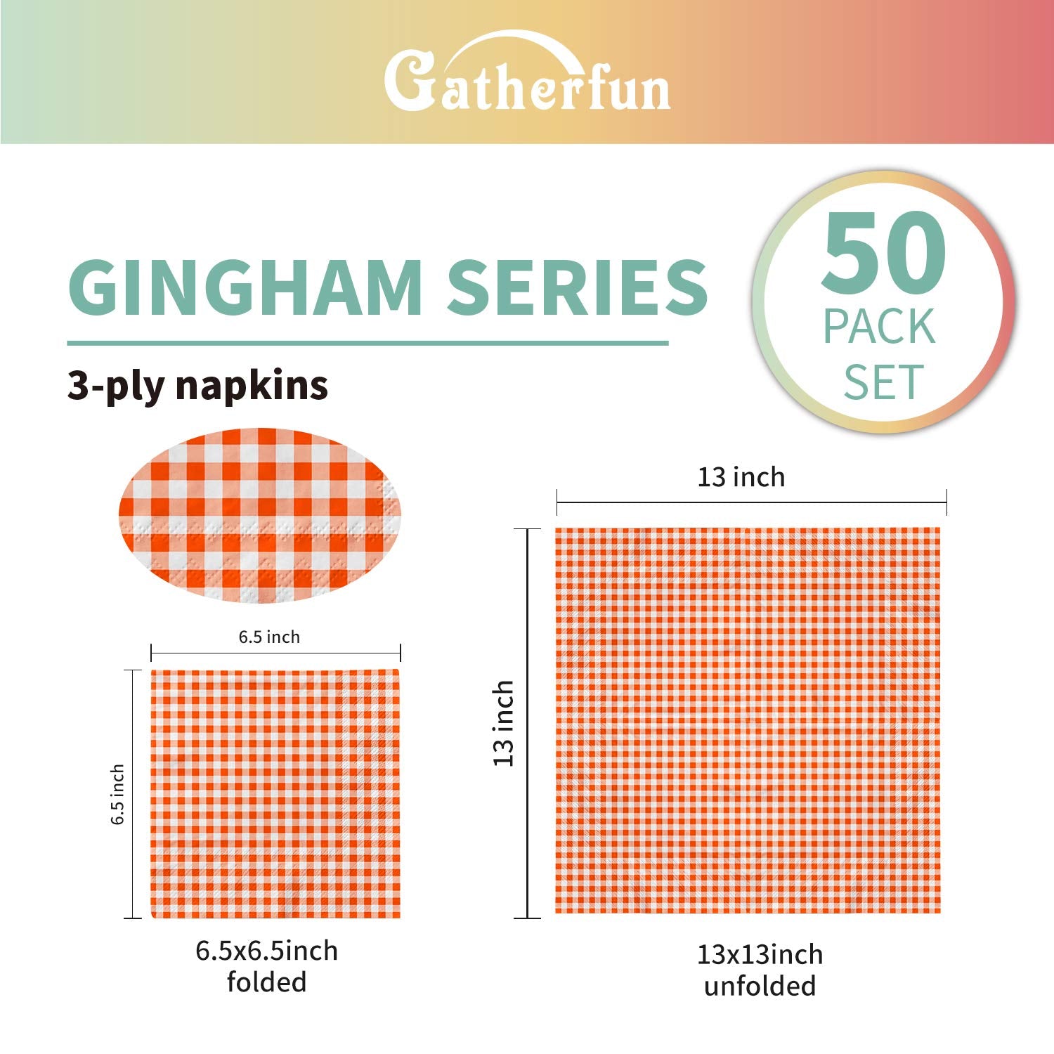 Gatherfun Disposable Paper Napkins 3-ply Orange and White Gingham Beverage Napkins for Dinner  Picnic  Birthday Party(6.5X6.5 in  50-Pack)