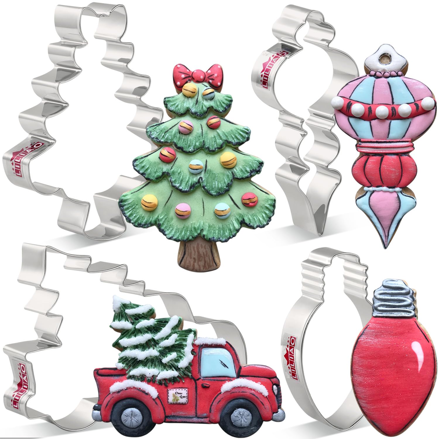 Liliao Christmas Cookie Cutter Set, 4-Pc, Pickup Truck With Christmas Tree, Christmas Tree, Light Bulb And Christmas Ornament Bi