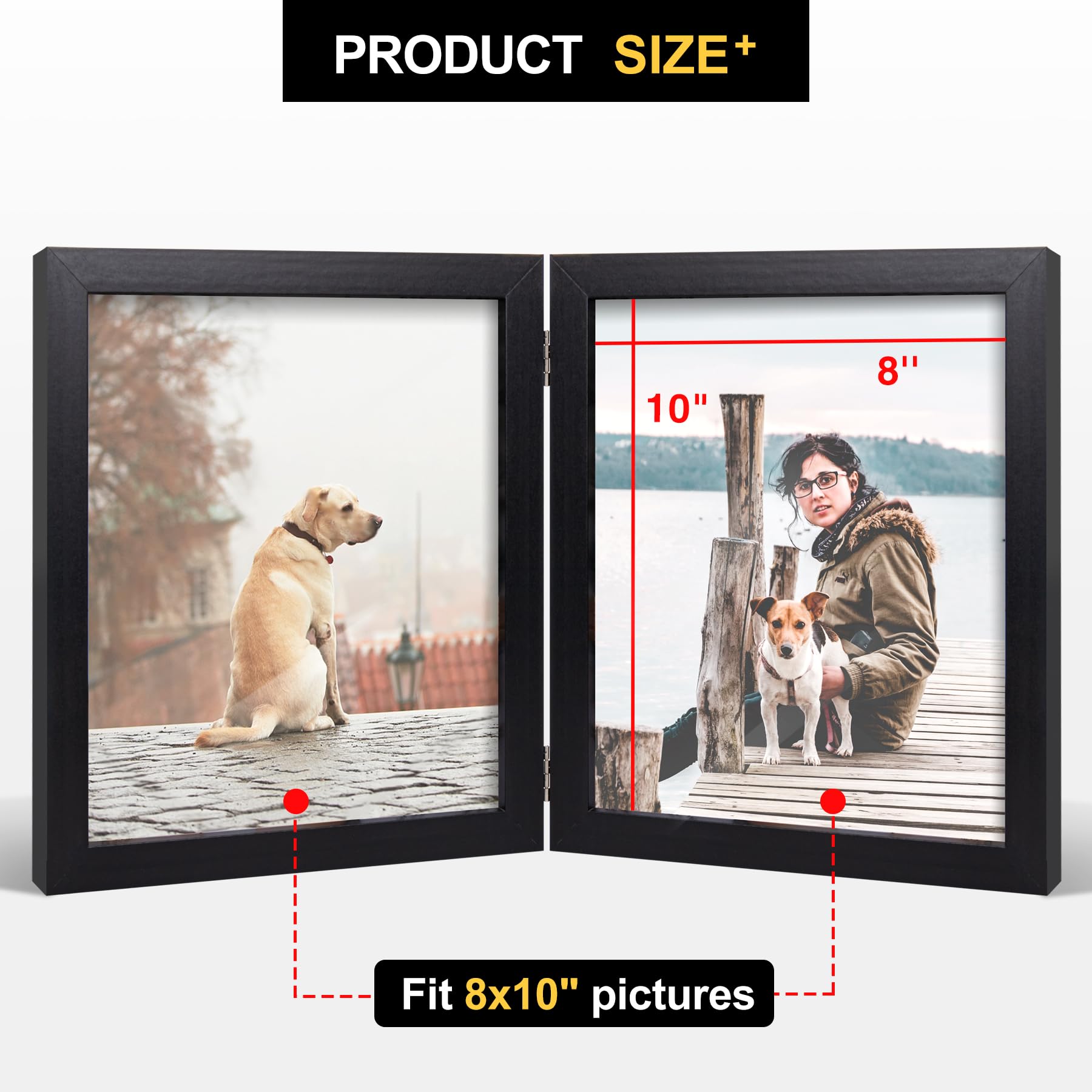 8x10 Double Picture Frame Wooden Hinged Photo Frame Definition Glass Stand Vertically on Desktop or Tabletop Black