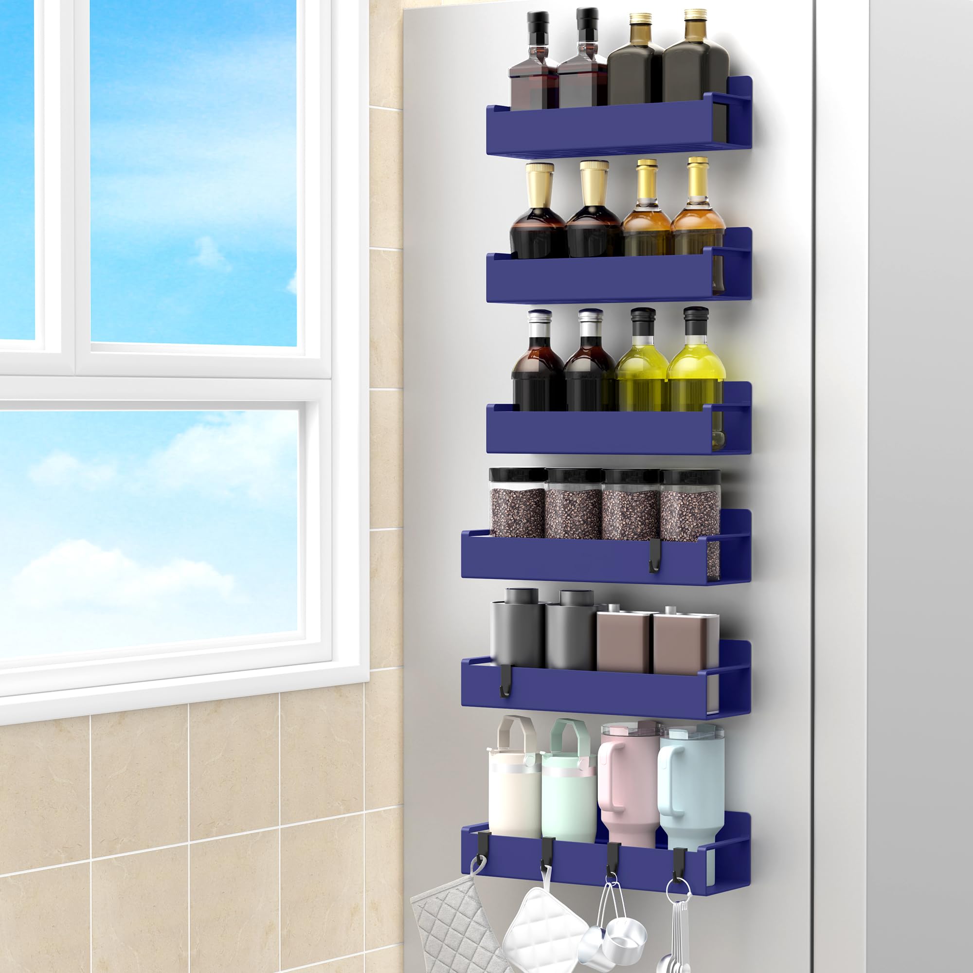 HuggieGems 6 Pack Magnetic Spice Rack Organizer for Refrigerator and Oven, Dark Blue Fridge Organizers and Storage for Kitchen