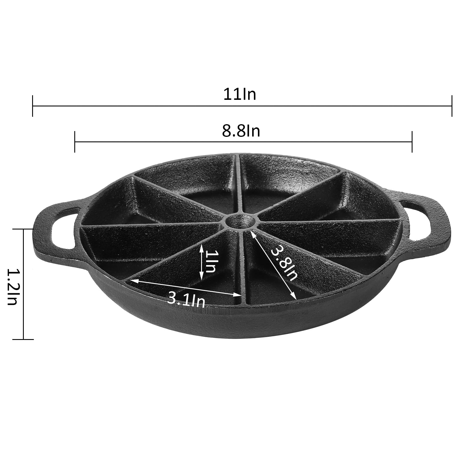 Wuweot Cast Iron Wedge Pan, Non Stick Round Corn Bread Skillet, Black 8-Edges Biscuit Pan With Double Handles For Scones, Corn S