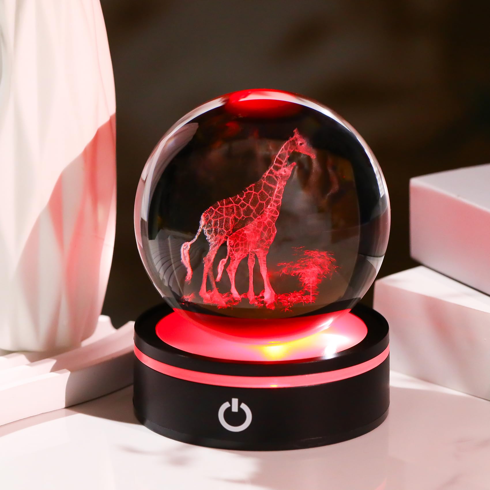 YWHL 3D Giraffe Crystal Ball Figurine with Colorful Light Base, Giraffes Gifts for Women Men on Birthday Christmas, Laser Engrav