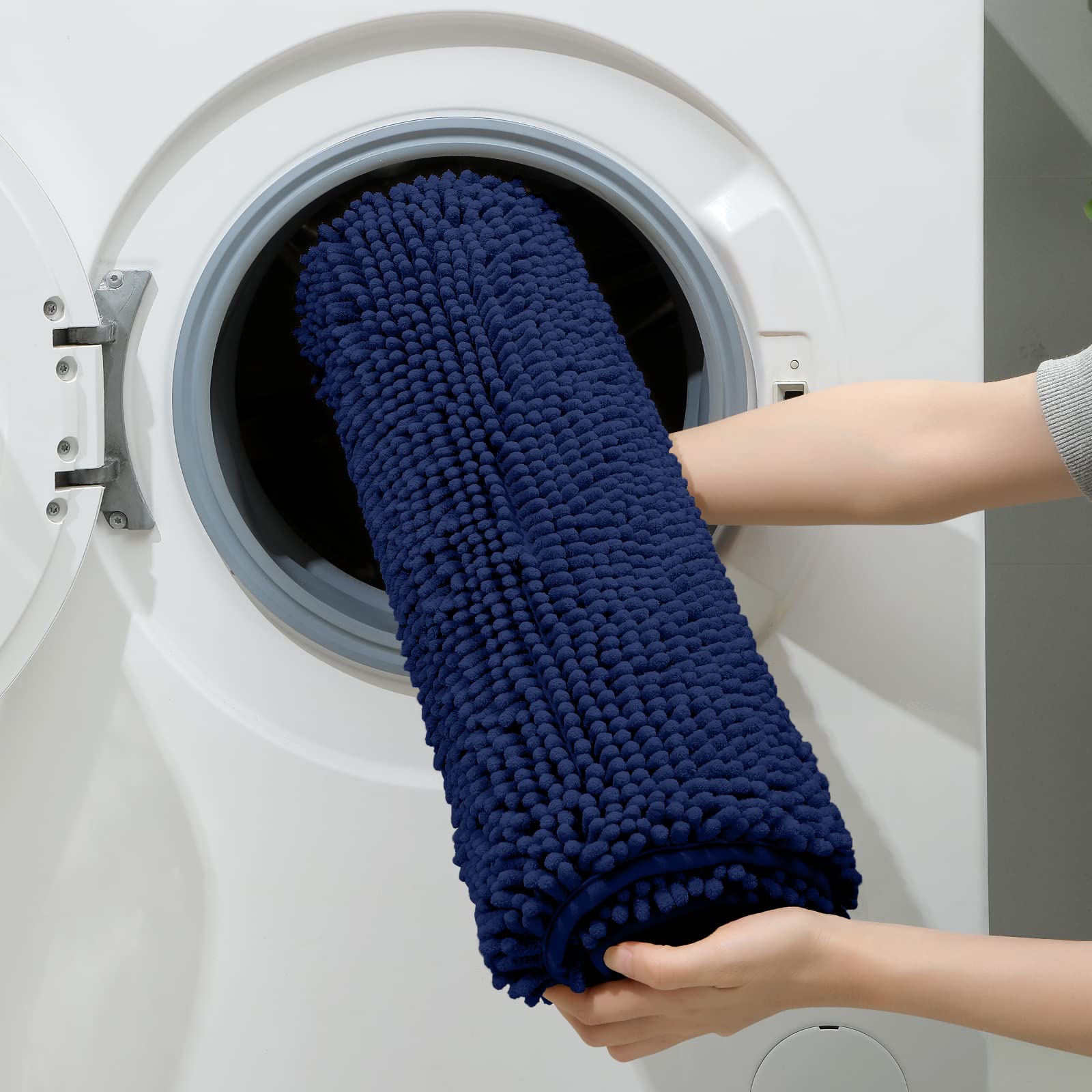 HOMEIDEAS 3 Pieces Bathroom Rugs  Ultra Soft Non Slip Absorbent Chenille Toilet Bath Mat Set (Navy Blue)