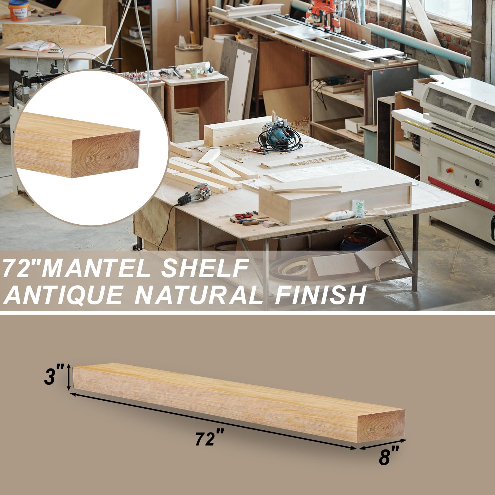 Roomtec Fireplace Mantel,72'' Wood Floating Fireplace Shelves,Wall Mounted Wooden Display Shelving,Handcrafted Wood Brack,Natura