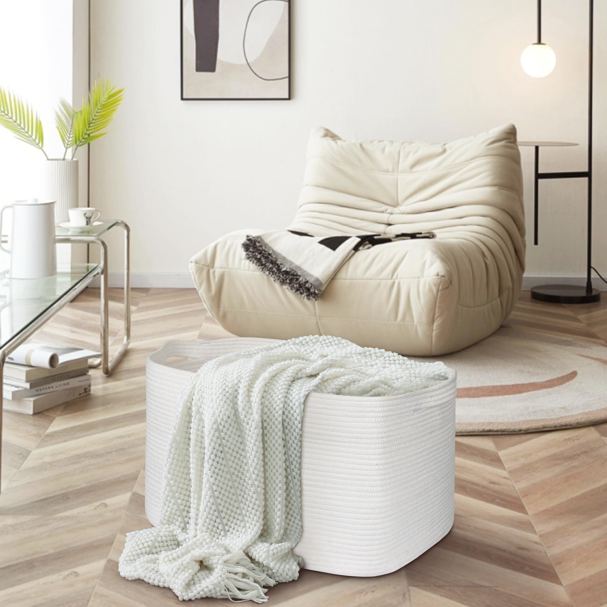 Megasket Extra Large White Storage Basket, 23.6'' X 17'' X 12'' Rectangle Blanket Basket Living Room, Woven Cotton Rope Basket,
