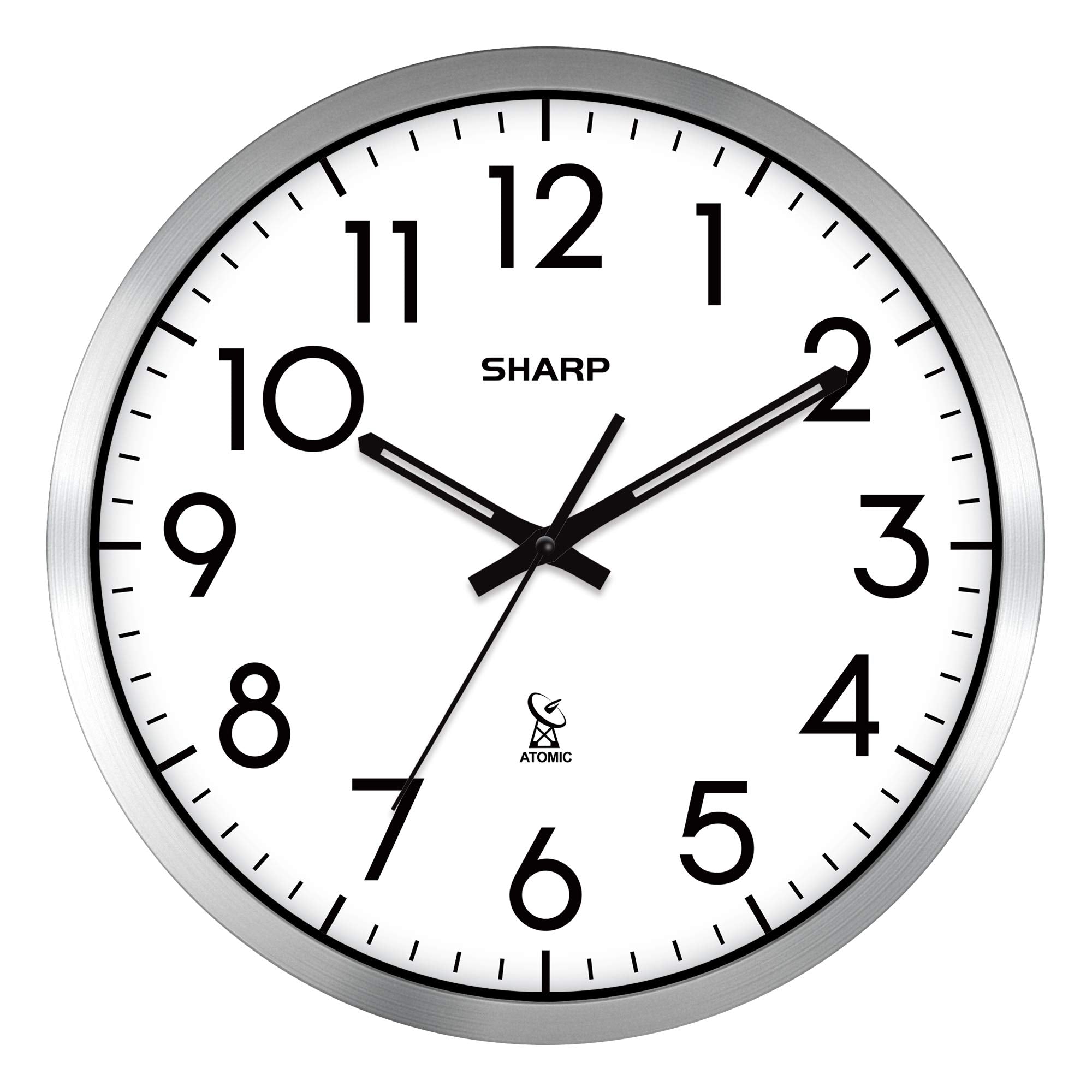 Sharp Atomic Analog Wall Clock - 12 Silver Brushed Finish - Sets Automatically- Battery Operated - Easy to Read - Easy to Use: S