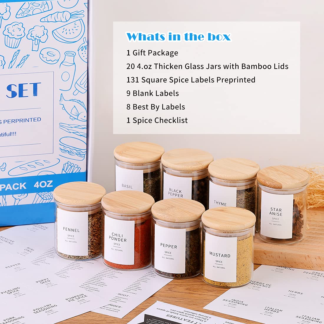 Glass Spice Jars With Bamboo Lids - 20 Pcs Thicken(2.4Mm) 4Oz Airtight Seasoning Containers With 131 Waterproof Minimalist Spice