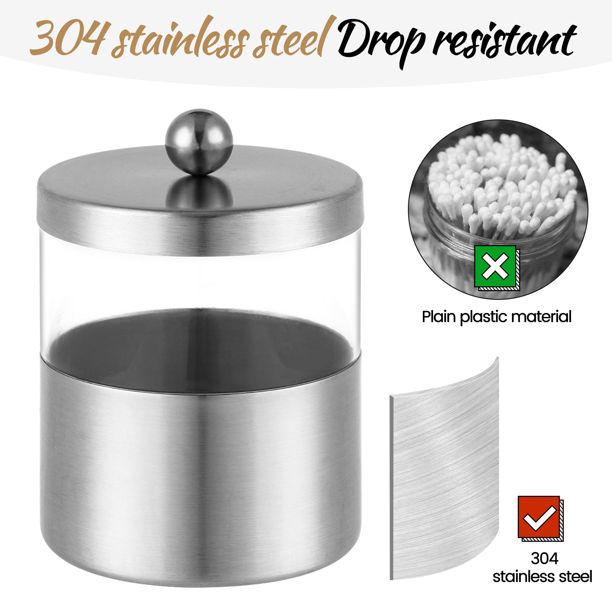 Gaussra Apothecary Jars, Qtip Holder - Stainless Steel Bathroom Jar With Stickers - Farmhouse Decor Qtip Dispenser For Qtips, Co