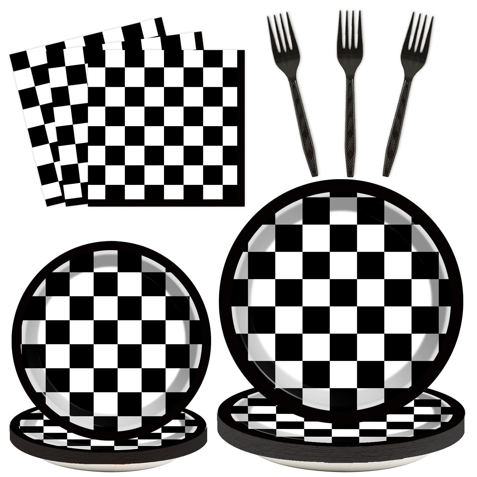 200 Pcs Checkered Flag Party Supplies Black And White Checkered Paper Plates Racing Car Party Plates Napkins Forks Disposable Bl