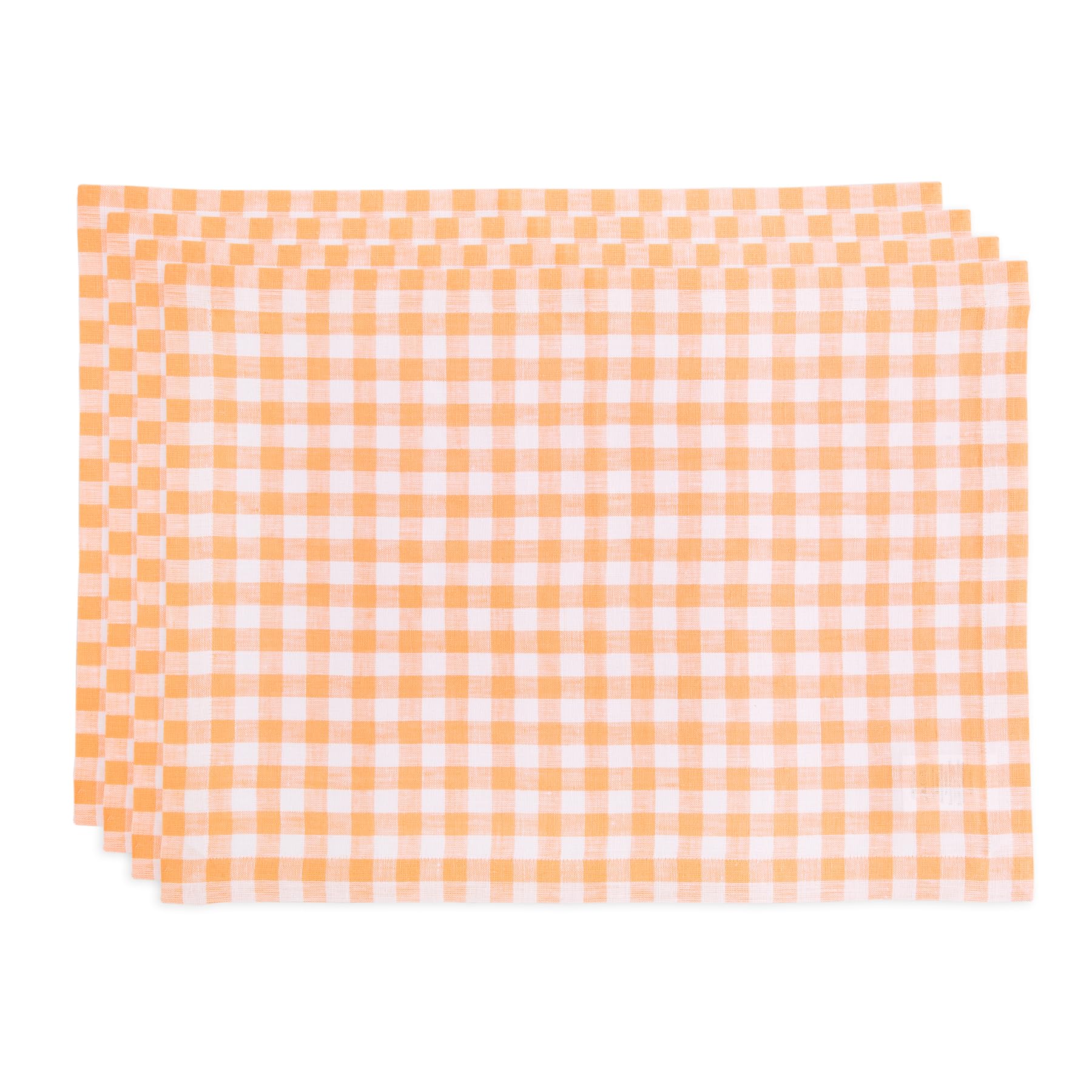 Solino Home Gingham Check Linen Placemats Set Of 4 - 100% Pure Linen Sunny Orange Plaid Placemats 19 '' L X 14 '' W Inch - Machi