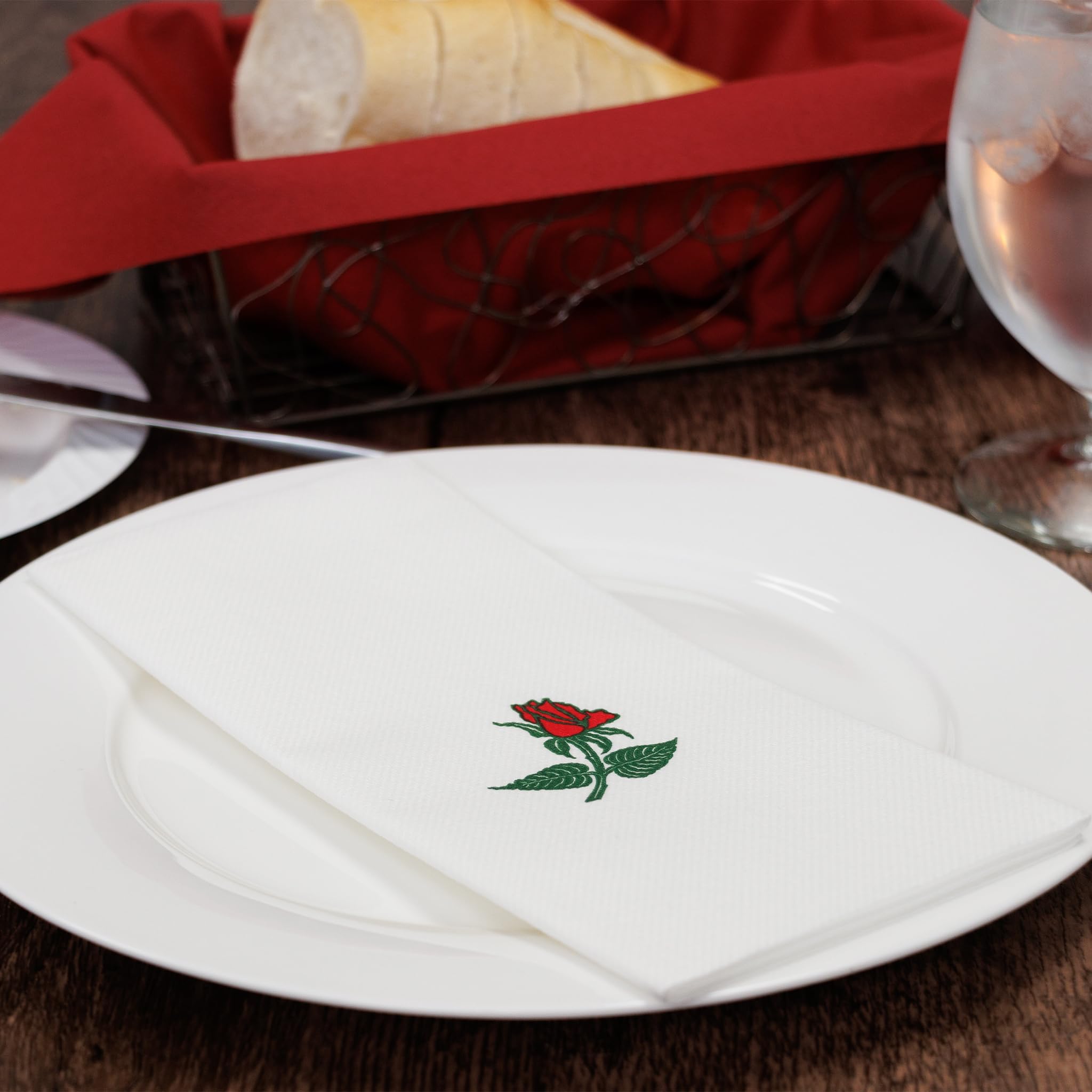 Simulinen Single Rose Dinner Napkins - Decorative Cloth Like & Disposable Large Napkins - Soft, Absorbent & Durable (19''X17'' -