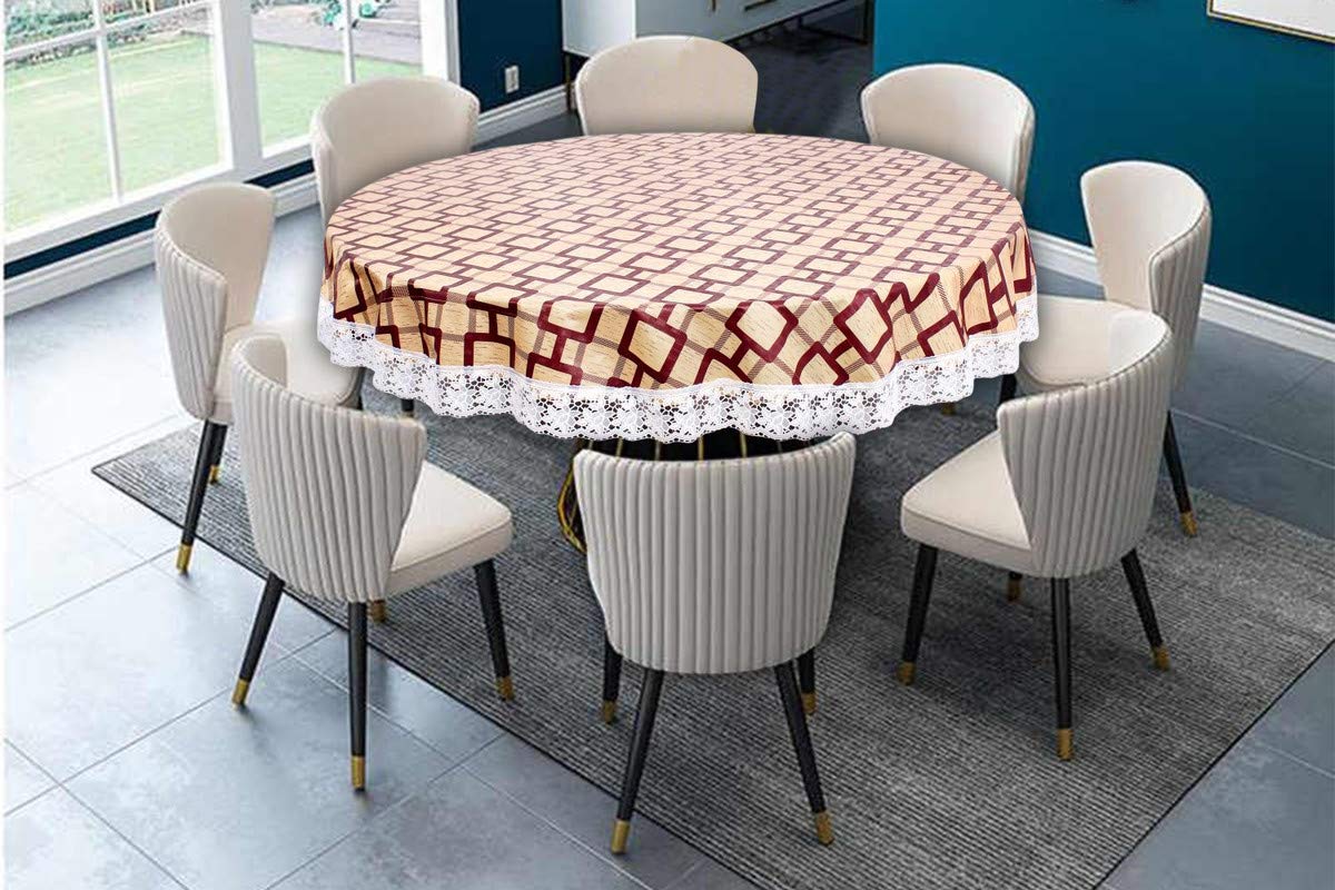 The Furnishing Tree Round Shaped WxL 90x90 Inch 12 Seater Table Cover Lattice Pattern Beige, Waterproof PVC