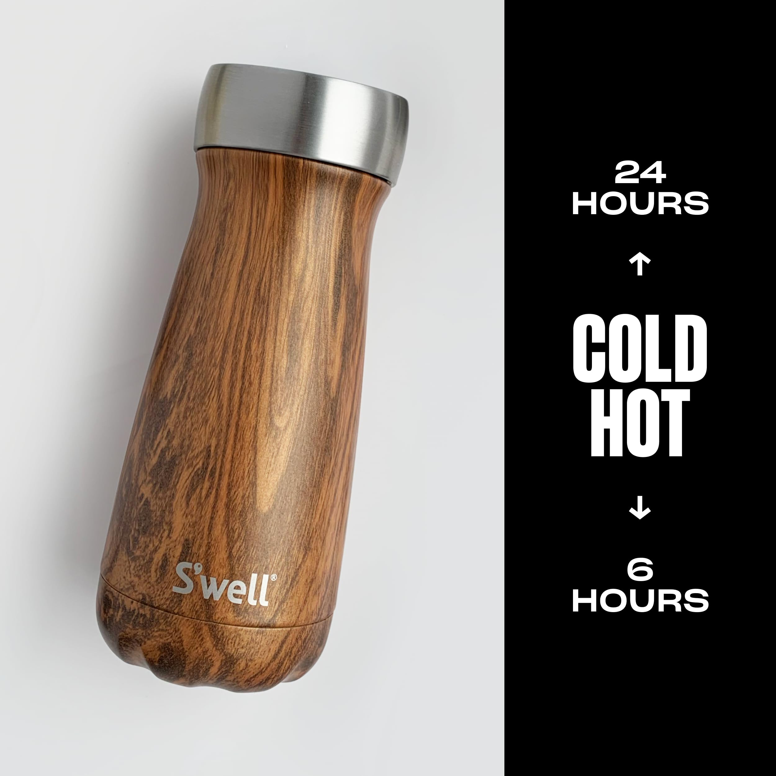 S'Well Stainless Steel Traveler With Commuter Lid, 16Oz, Teakwood, Triple Layered Vacuum Insulated Containers Keeps Drinks Cold