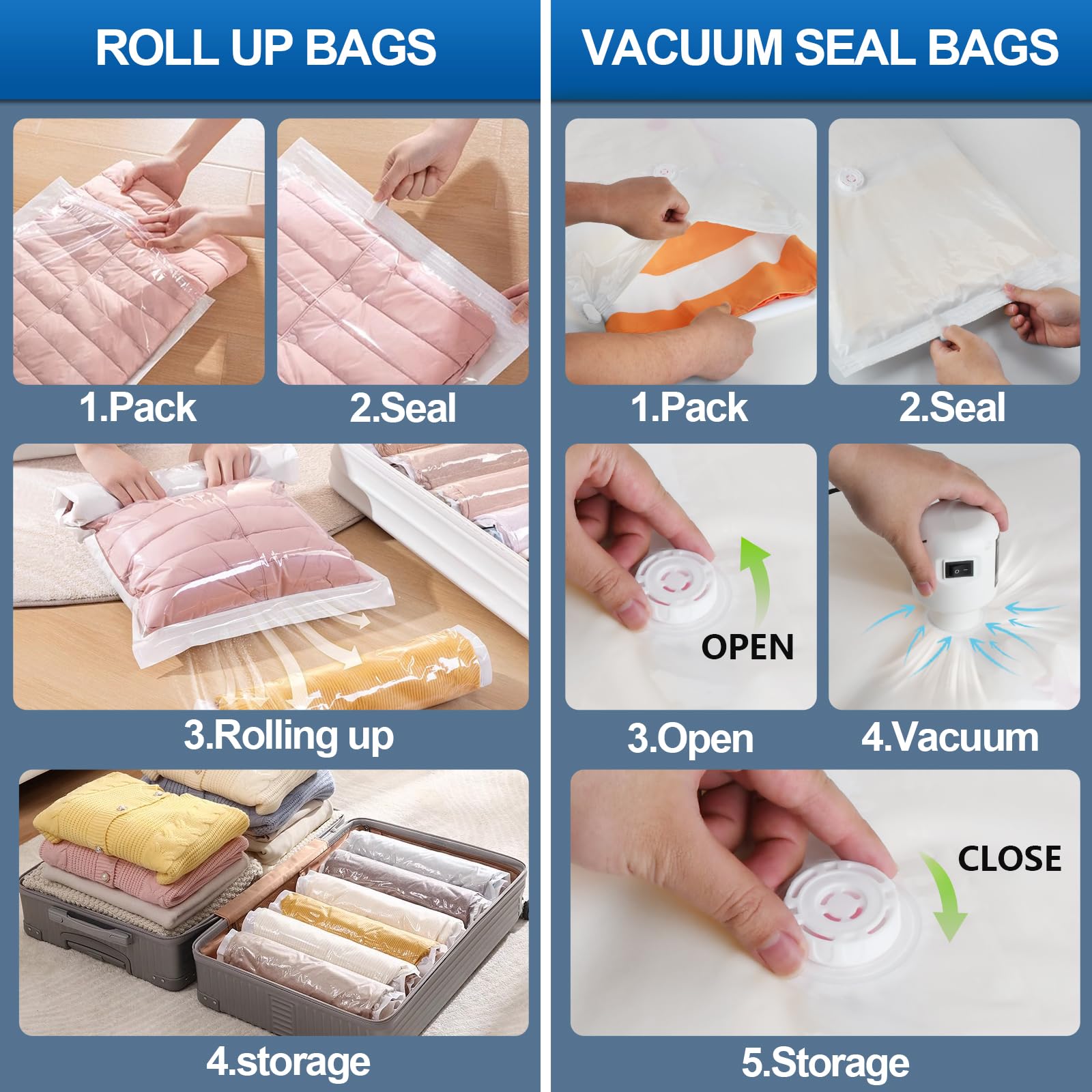 Zxa Vacuum Storage Bags With Electric Air Pump, 20 Pack (4 Jumbo, 4 Large, 4 Medium, 4 Small, 4 Roll Up Bags) Vacuum Seal Bags F