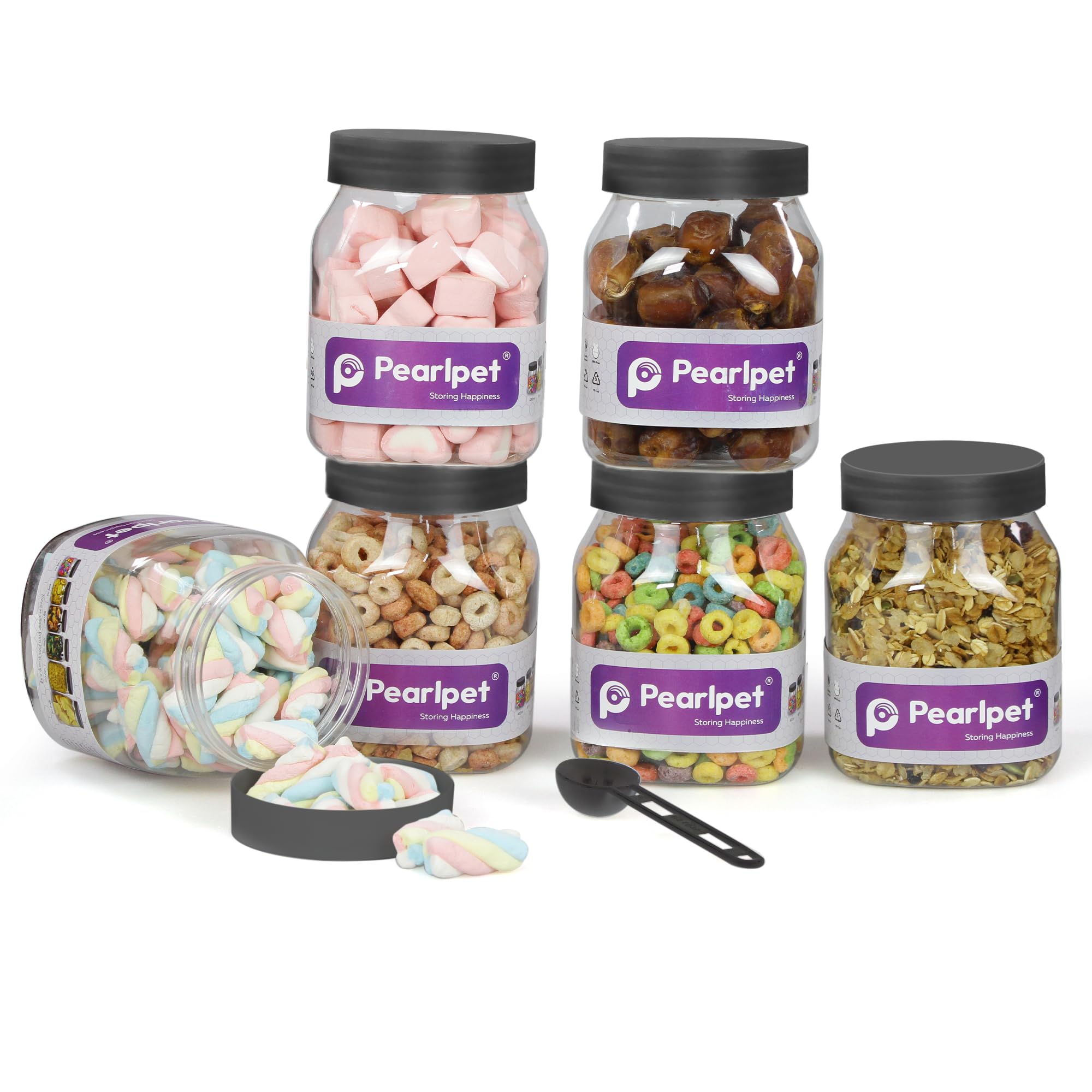 Pearlpet Space Saver Container Set For Kitchen Storage Set With Plastic Black Lid And Spoons, 600 Ml Set Of 6 Pieces With 6 Spoo